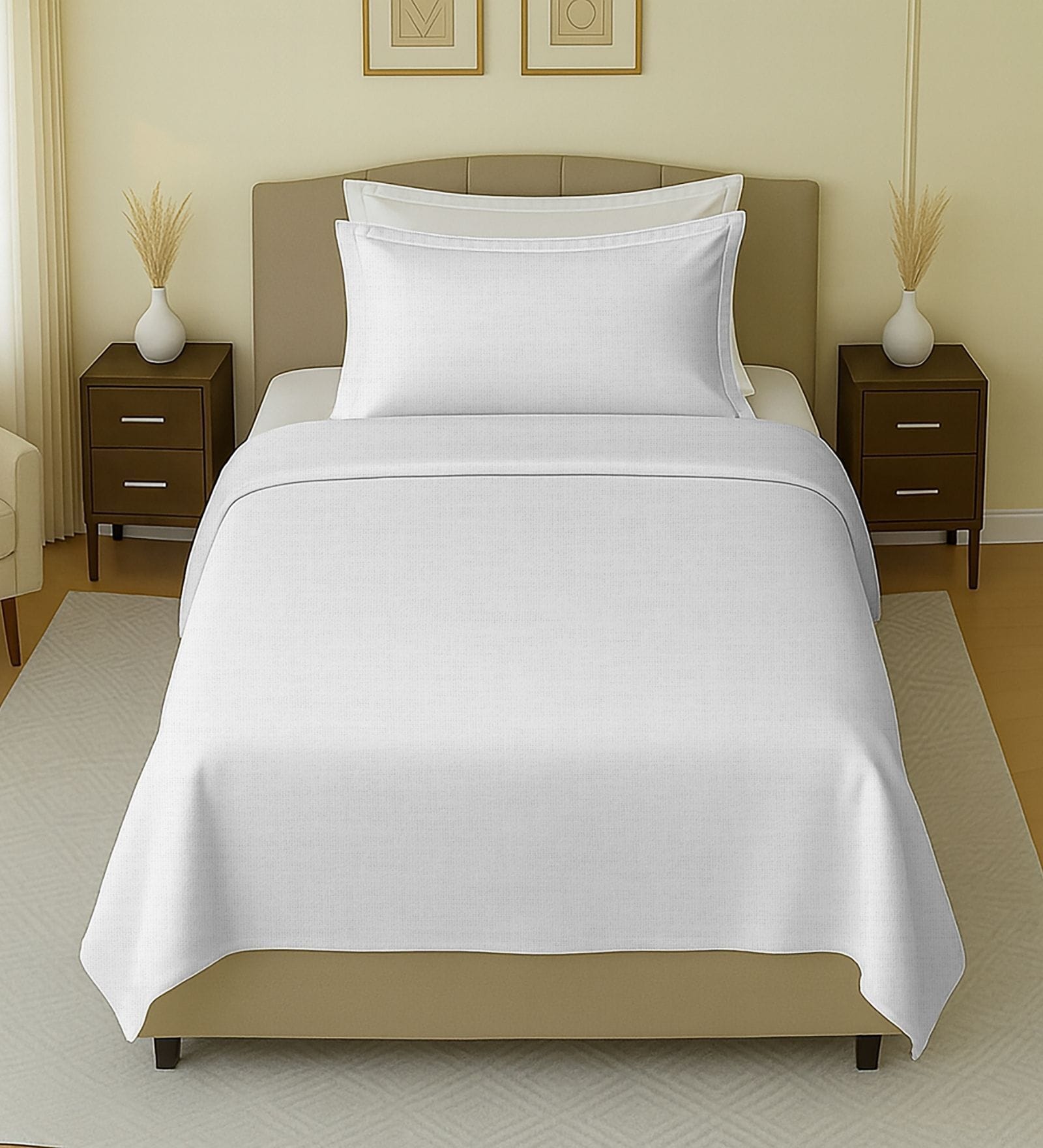 White 144 TC Cotton Queen Sized Single Bedsheet With 2 Pillow Covers