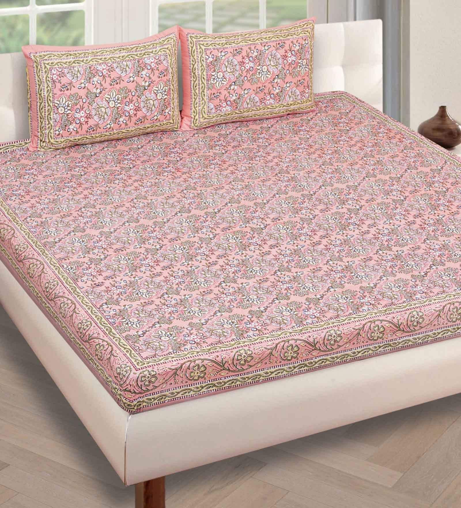 Buy Pink Floral 180 TC Cotton 1 Double Bedsheet With 2 Pillow Covers By ...