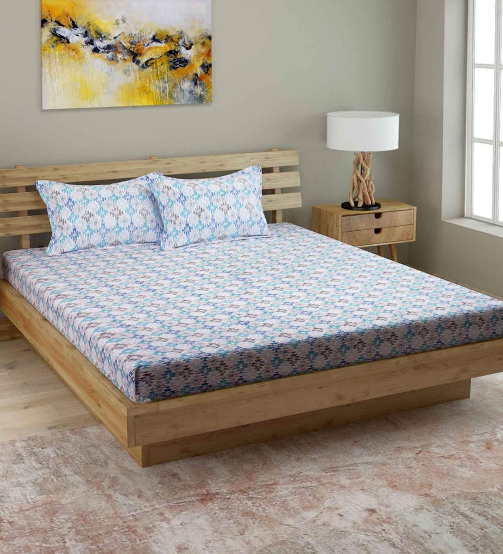 Blue Traditional 210 TC Cotton 1 Double Bedsheet with 2 Pillow Covers