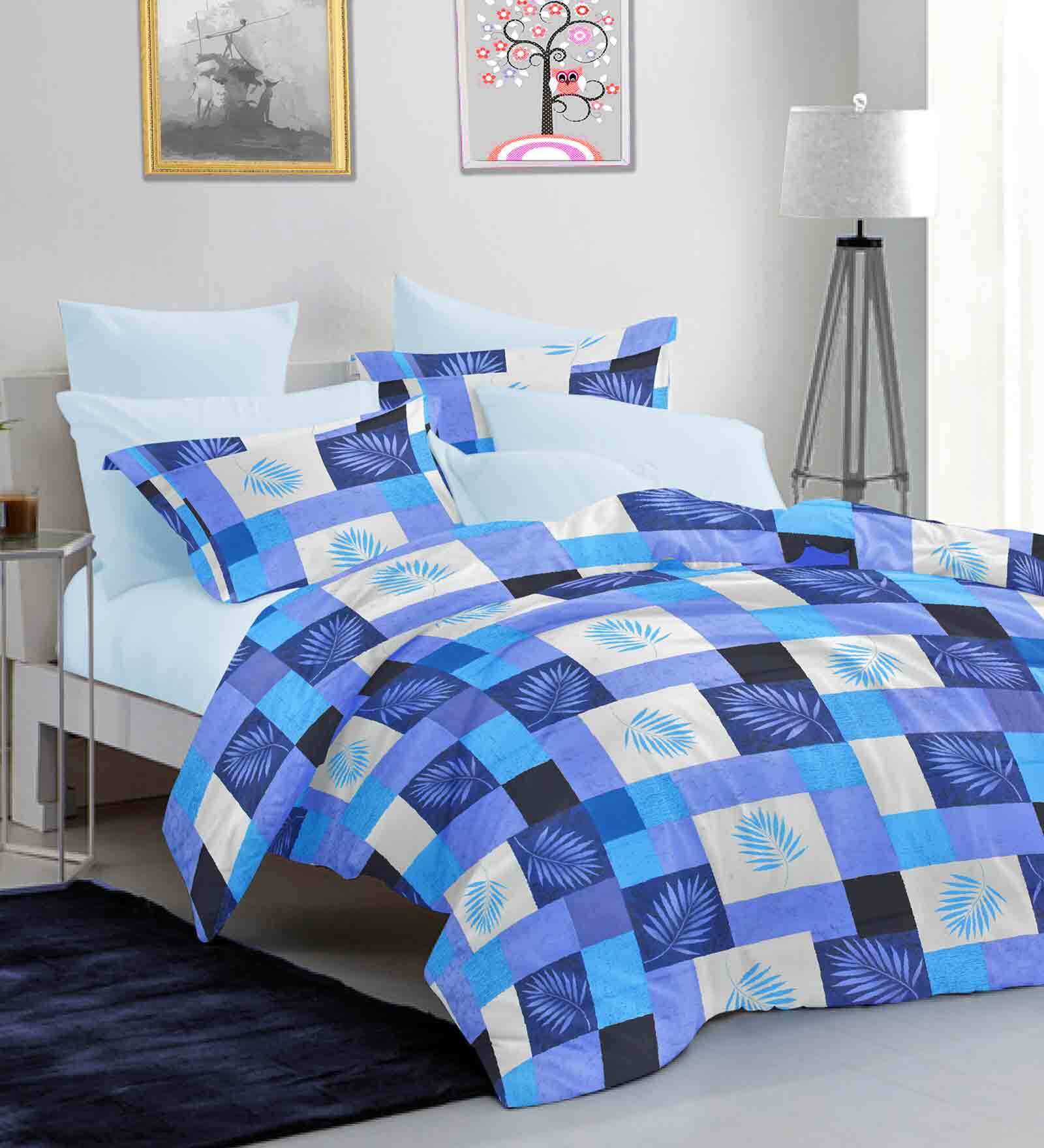 Blue Geometric 144 TC Cotton 1 Double King Size Bedsheet with 2 Pillow Covers