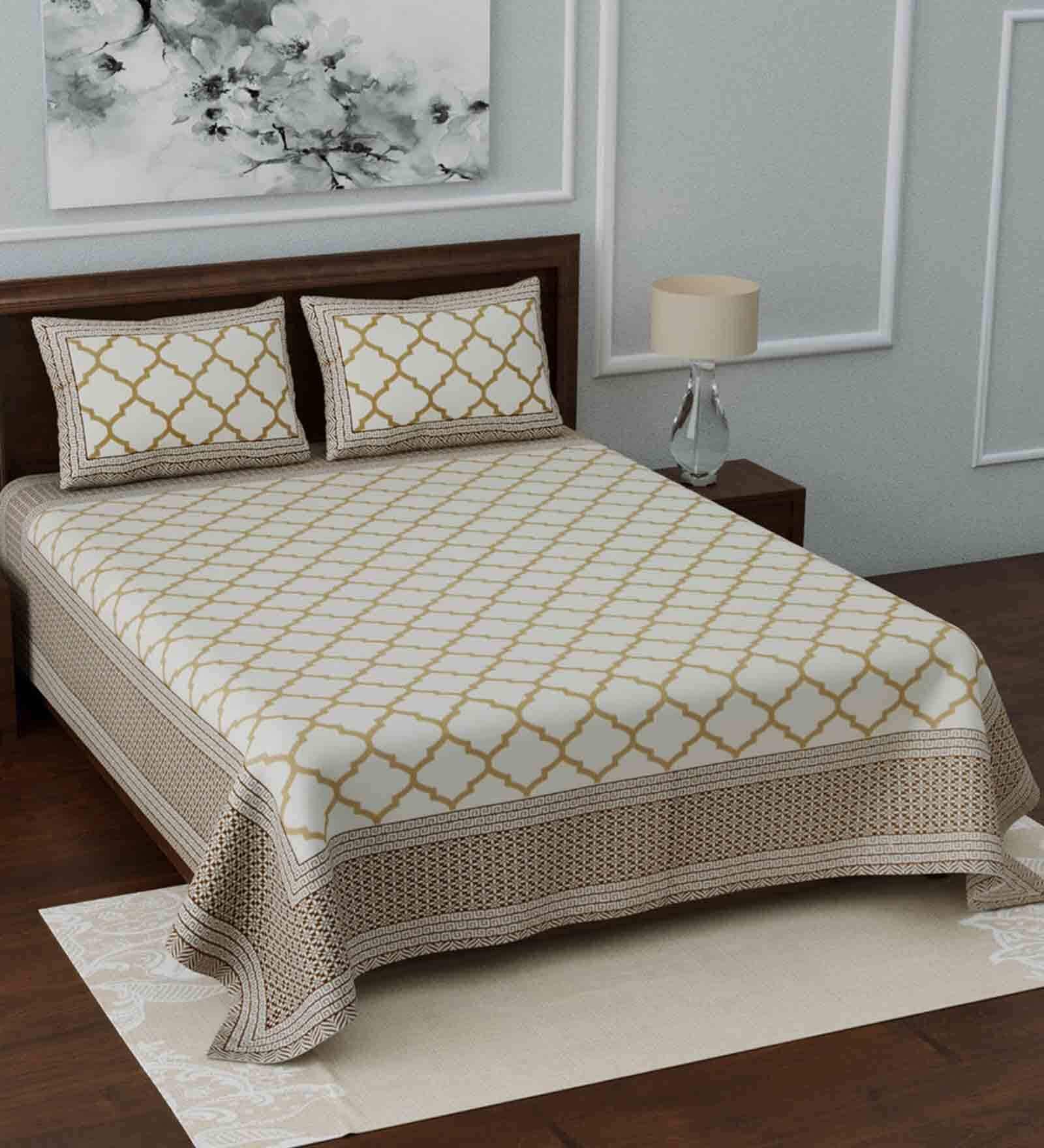 Gold Traditional 210 TC Cotton 1 Double Bedsheet with 2 Pillow Covers