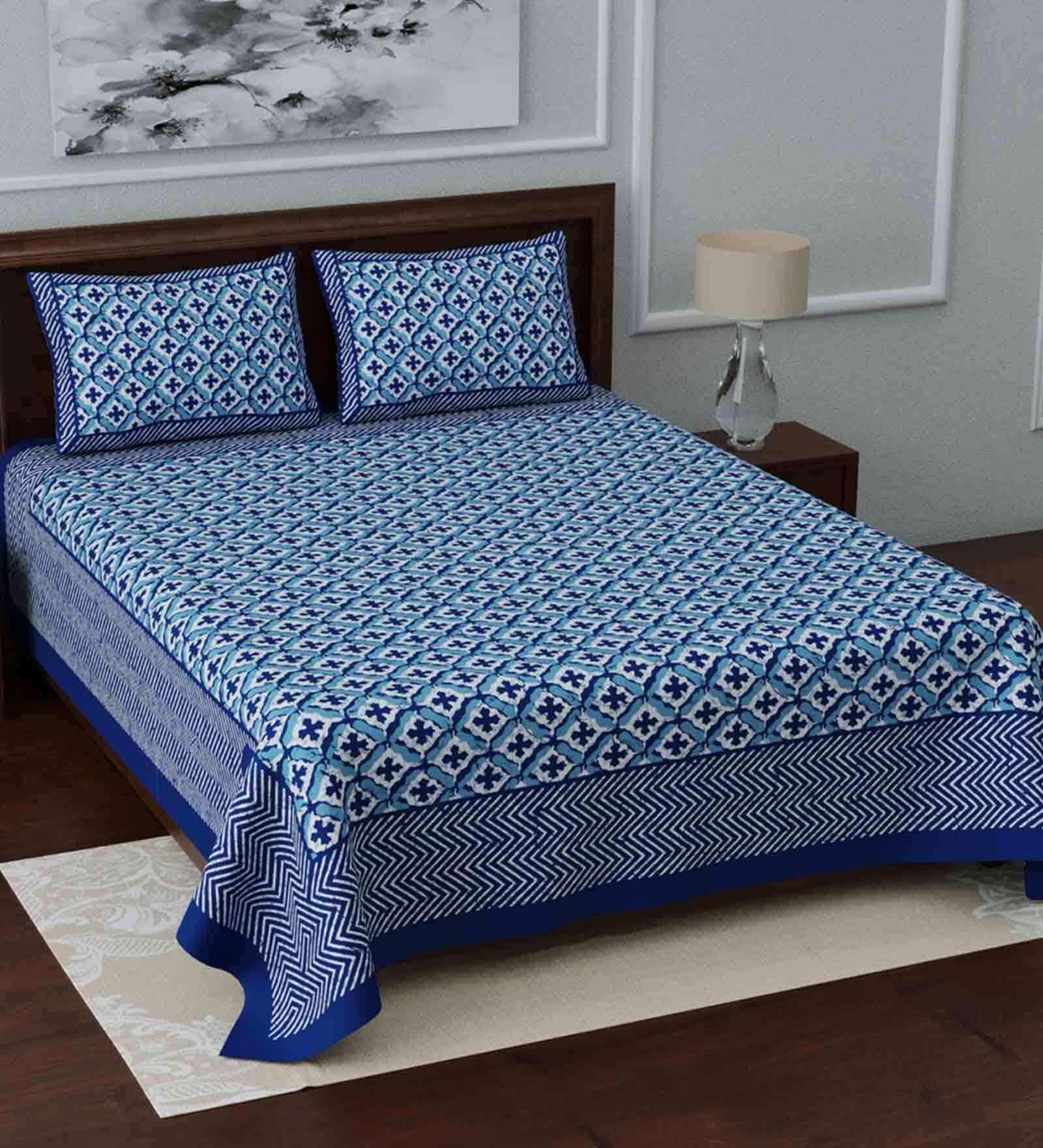Blue Traditional 210 TC Cotton 1 Double Bedsheet with 2 Pillow Covers