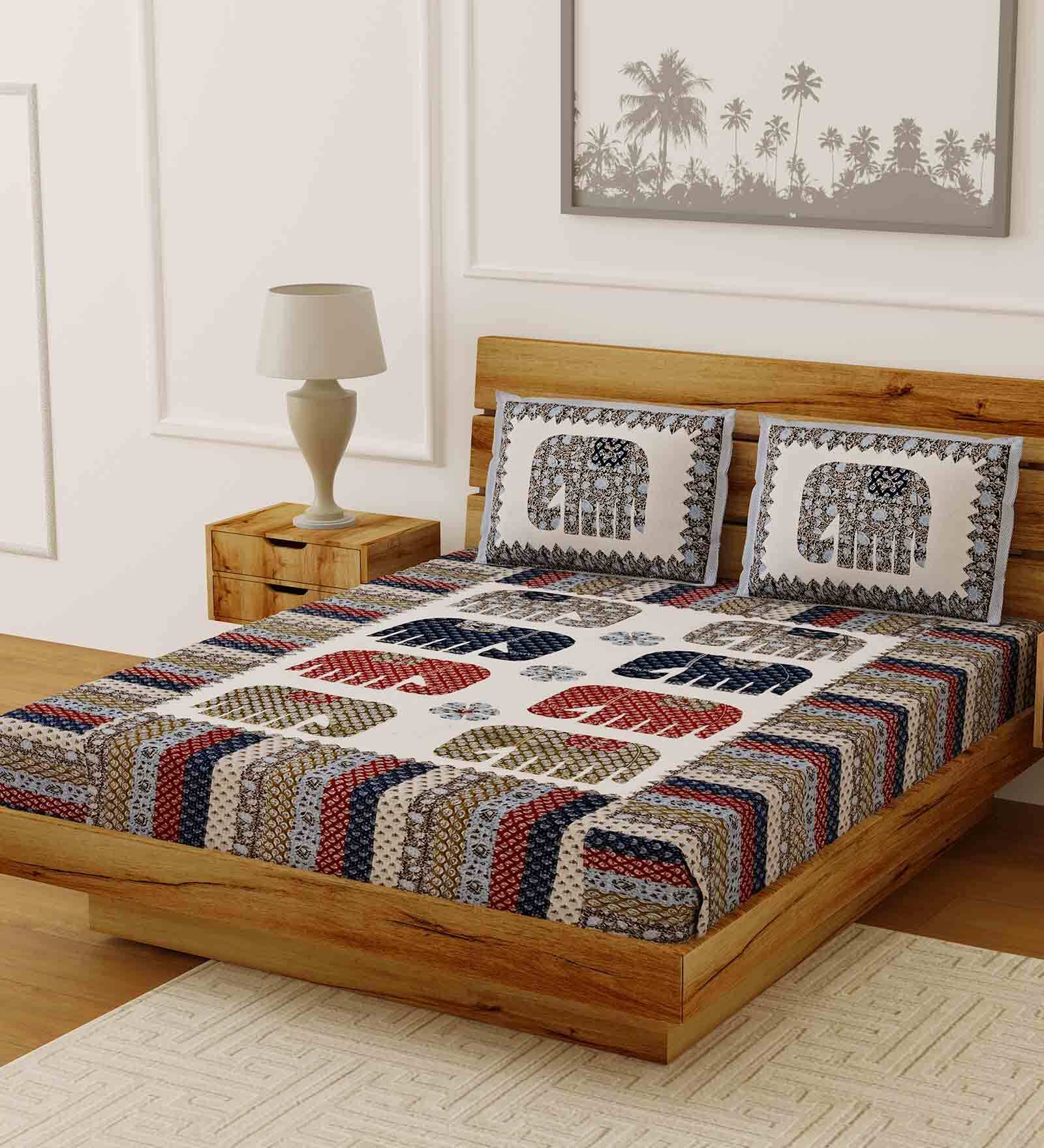 Multicolor Traditional 210 TC Cotton 1 Double Bedsheet with 2 Pillow Covers