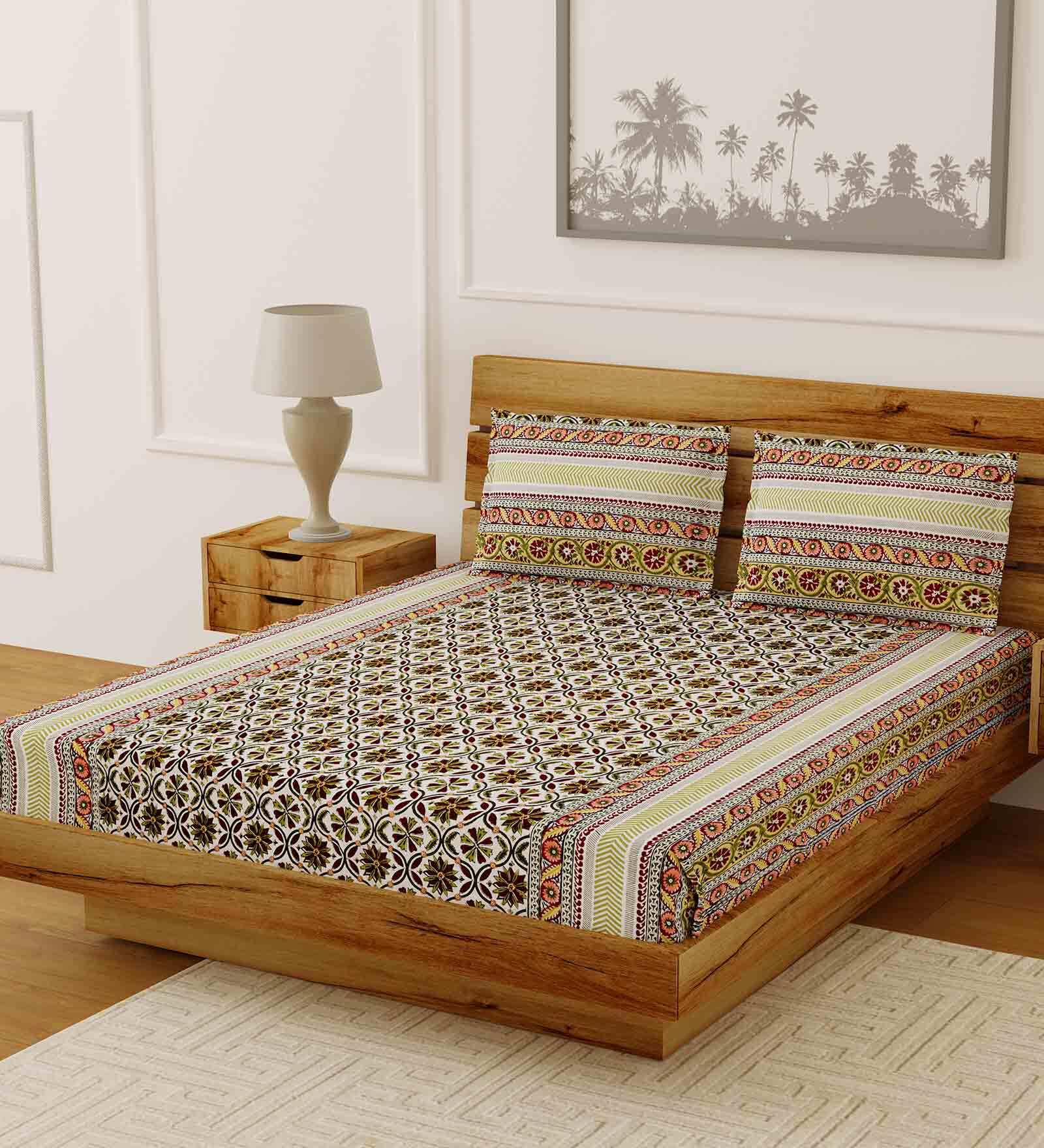 Multicolor Traditional 210 TC Cotton Blend Queen Sized Bed Sheets with 2 Pillow Covers