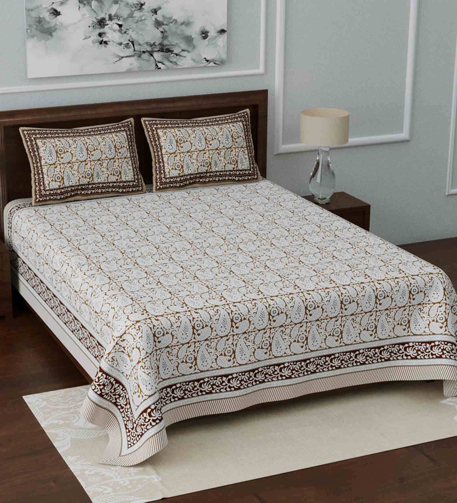Brown Traditional 210 TC Cotton 1 Double Bedsheet with 2 Pillow Covers
