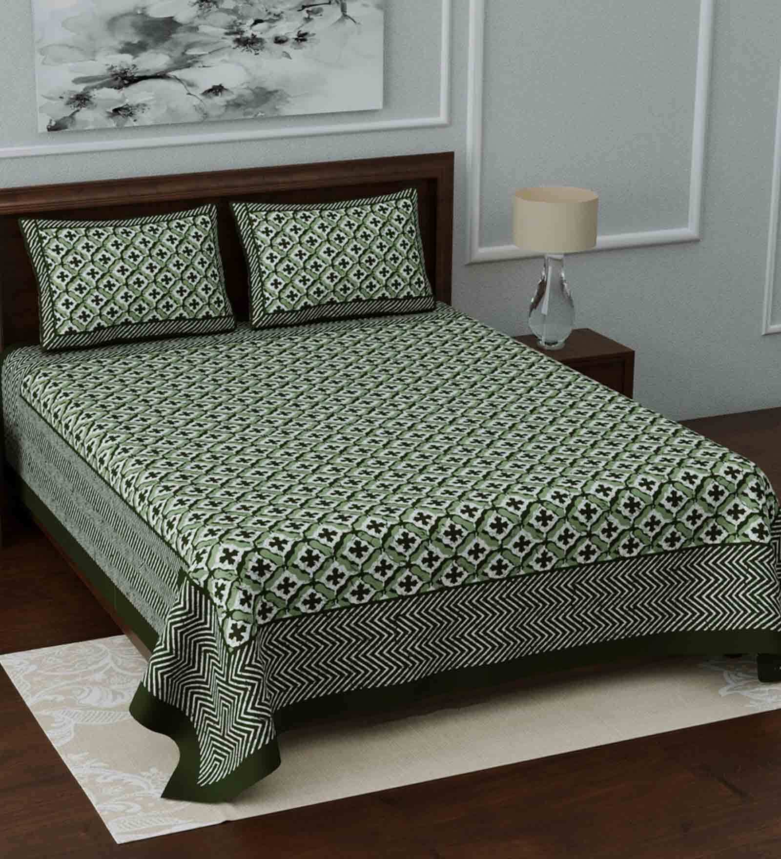 Green Traditional 210 TC Cotton 1 Double Bedsheet with 2 Pillow Covers