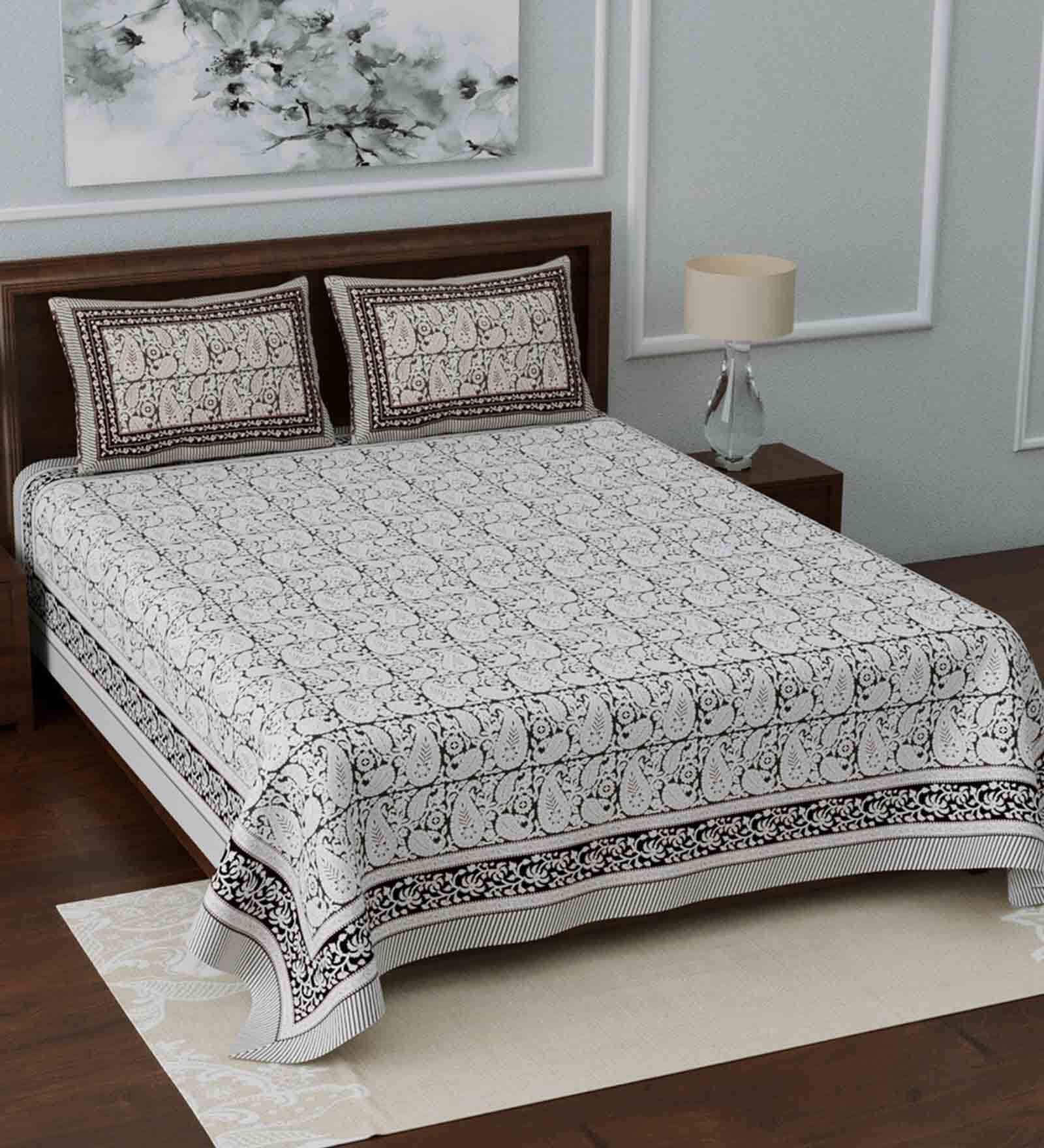 Black Floral 210 TC Cotton 1 Double Bedsheet with 2 Pillow Covers