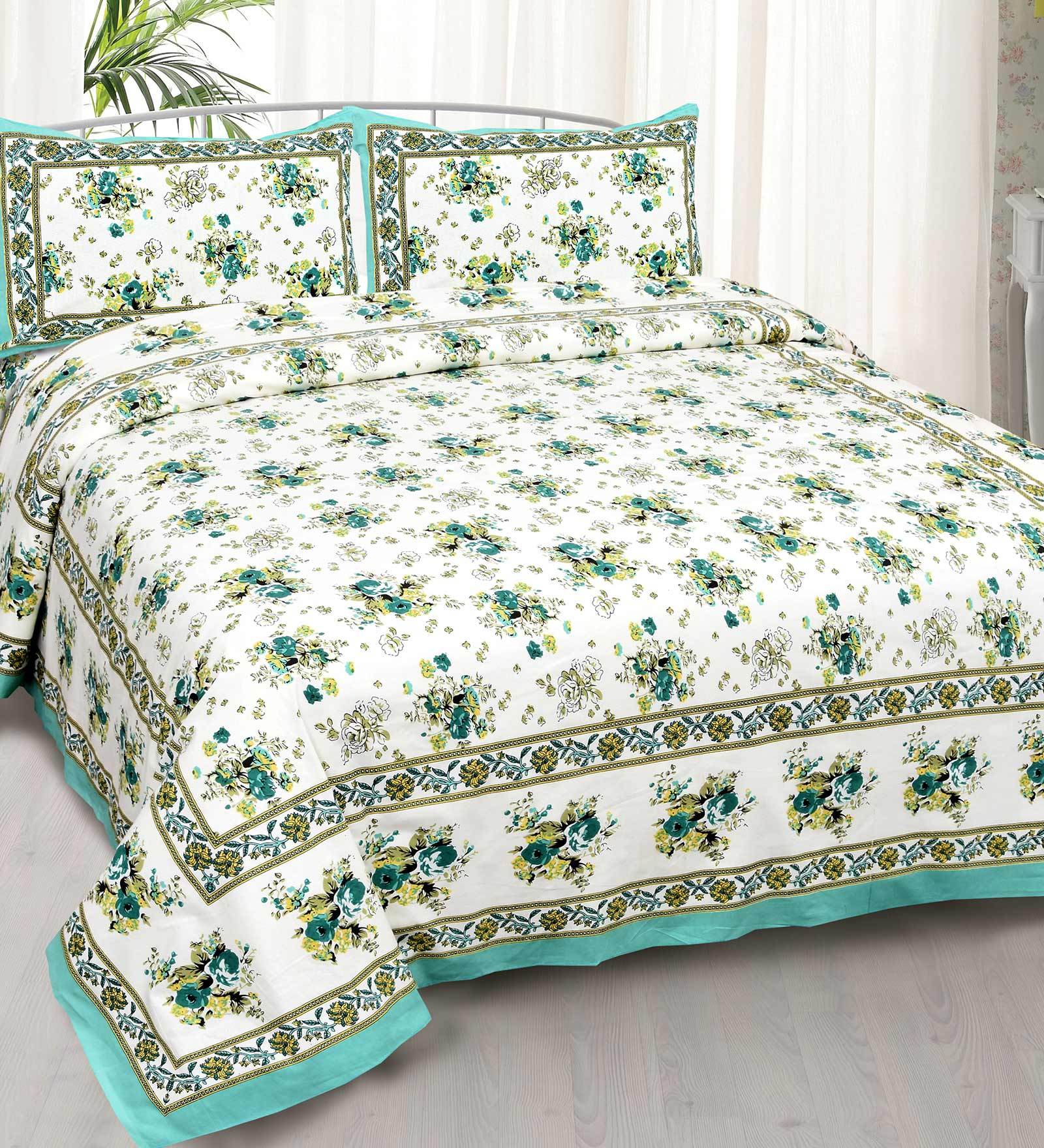 Green Floral 240 TC Cotton 1 Double Bedsheet with 2 Pillow Covers