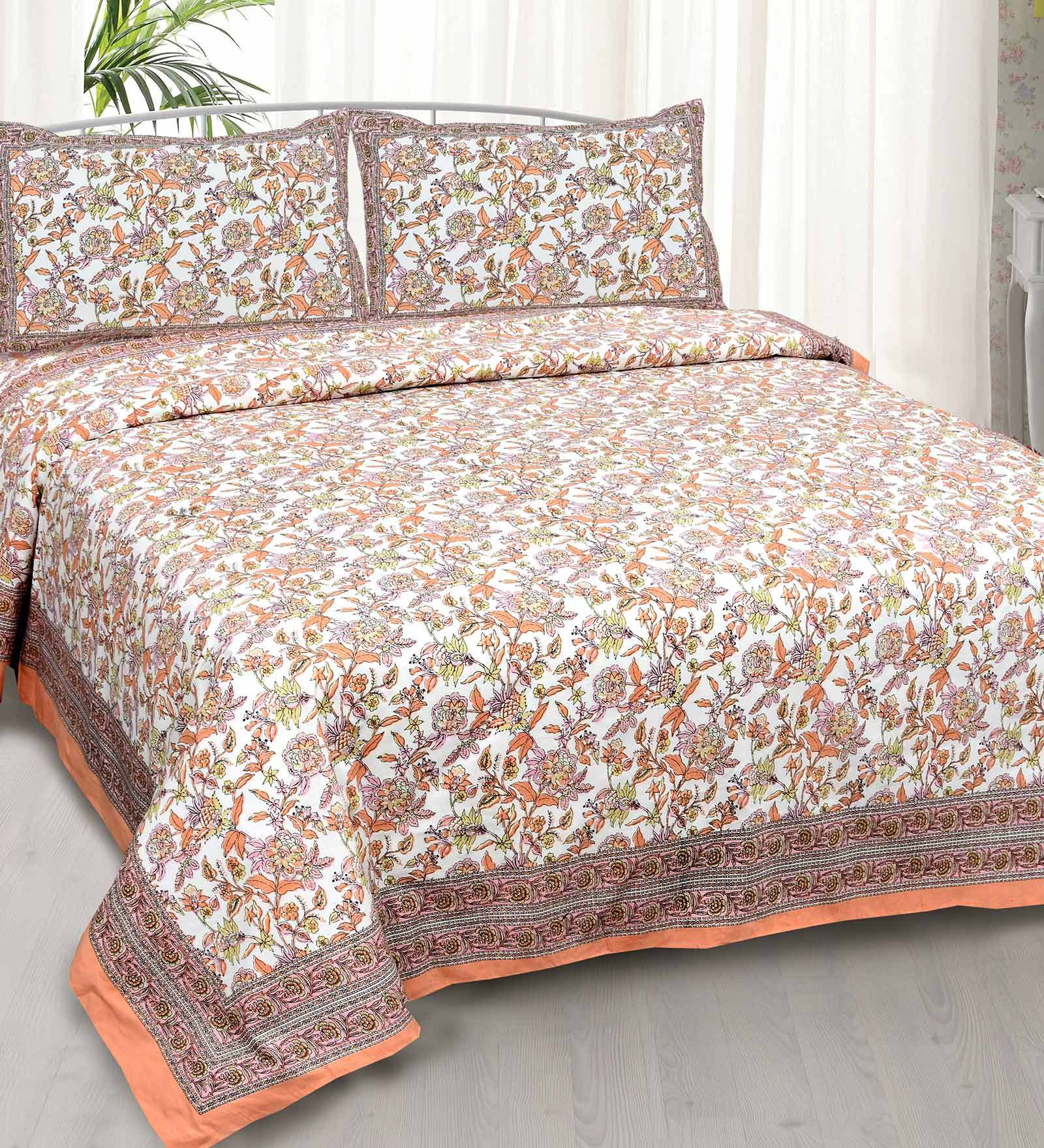 Buy Orange Floral 240 Tc Cotton 1 Double Bedsheet With 2 Pillow Covers