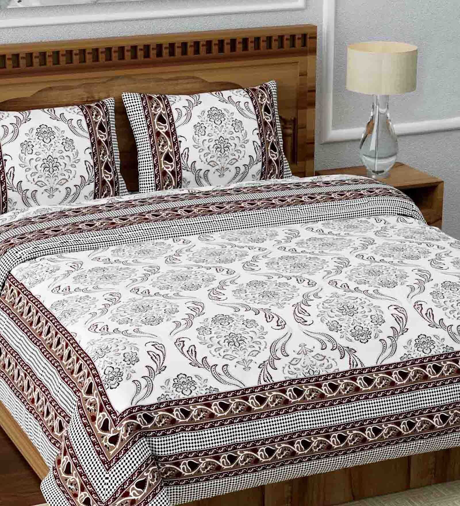 Buy Cotton 240TC Double Bedsheet With 2 Pillow Covers in Brown Color by