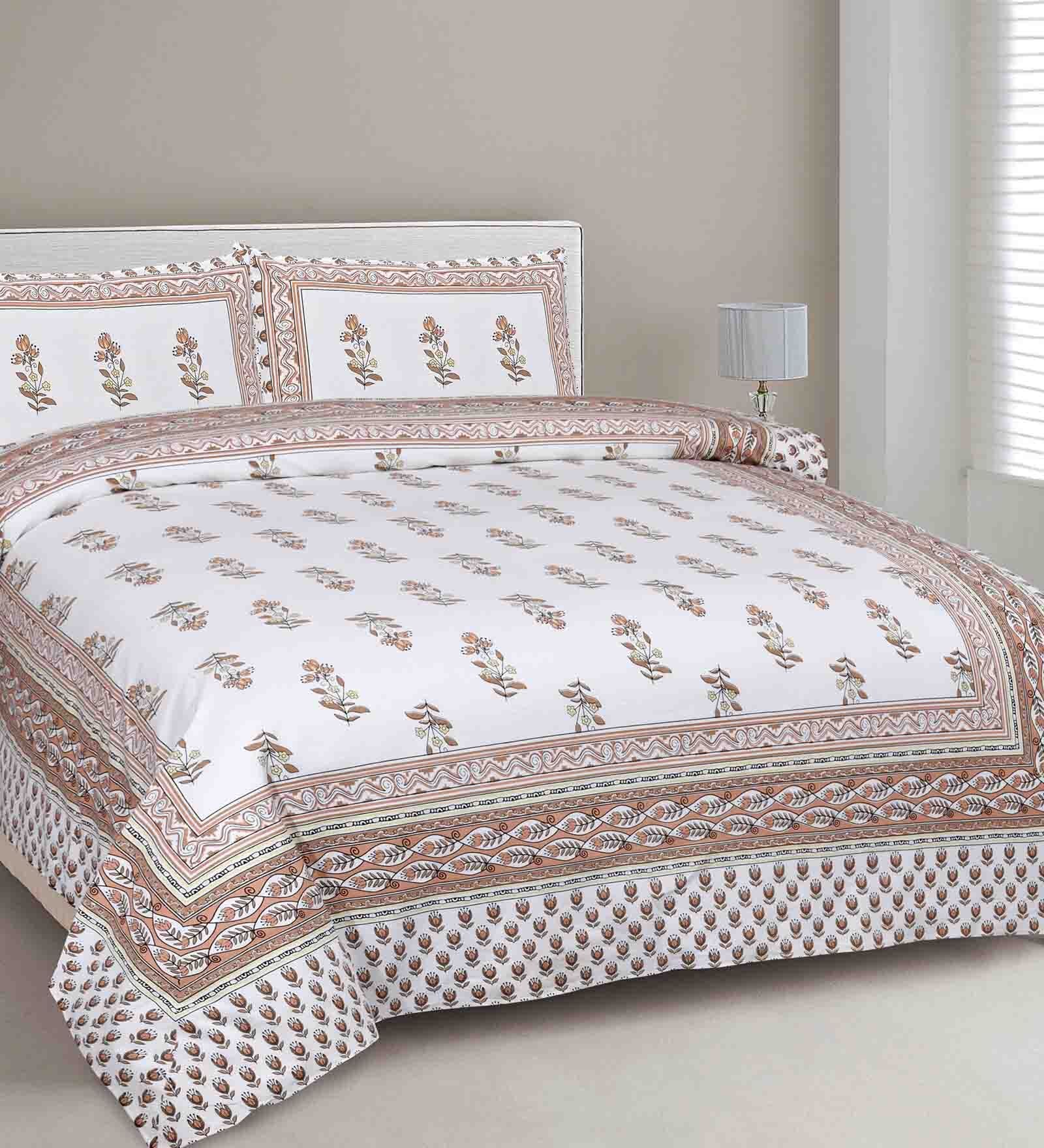 Cream Traditional 240 TC Cotton Double Size Bedsheet With 2 Pillow Covers