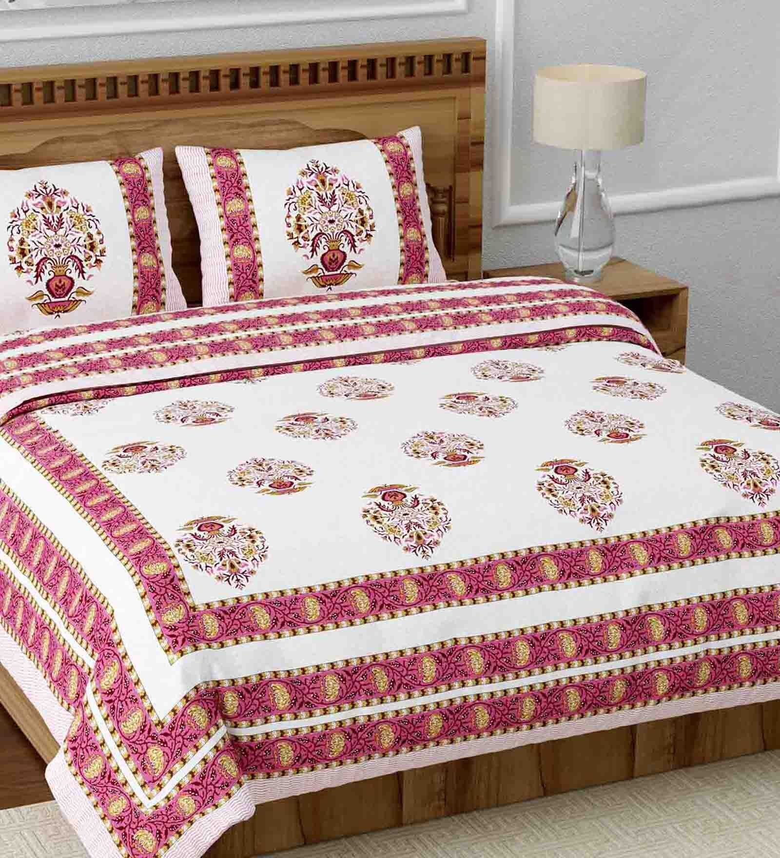 White Traditional 240 TC Cotton 1 Double King Size Bedsheet with 2 Pillow Covers