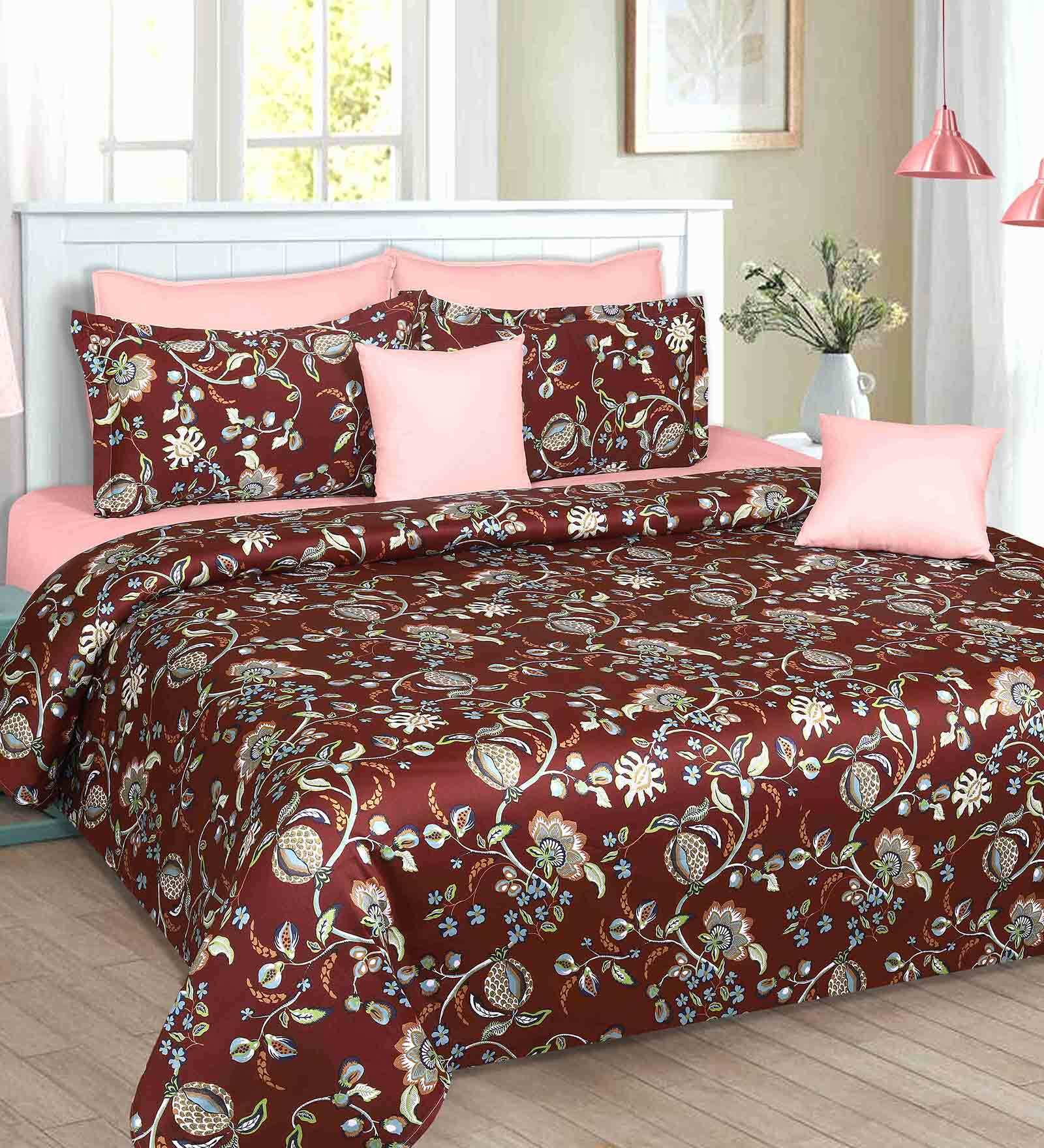 Cotton 250 TC Floral Super King Size Bedsheet in Brown with 2 Pillow Covers
