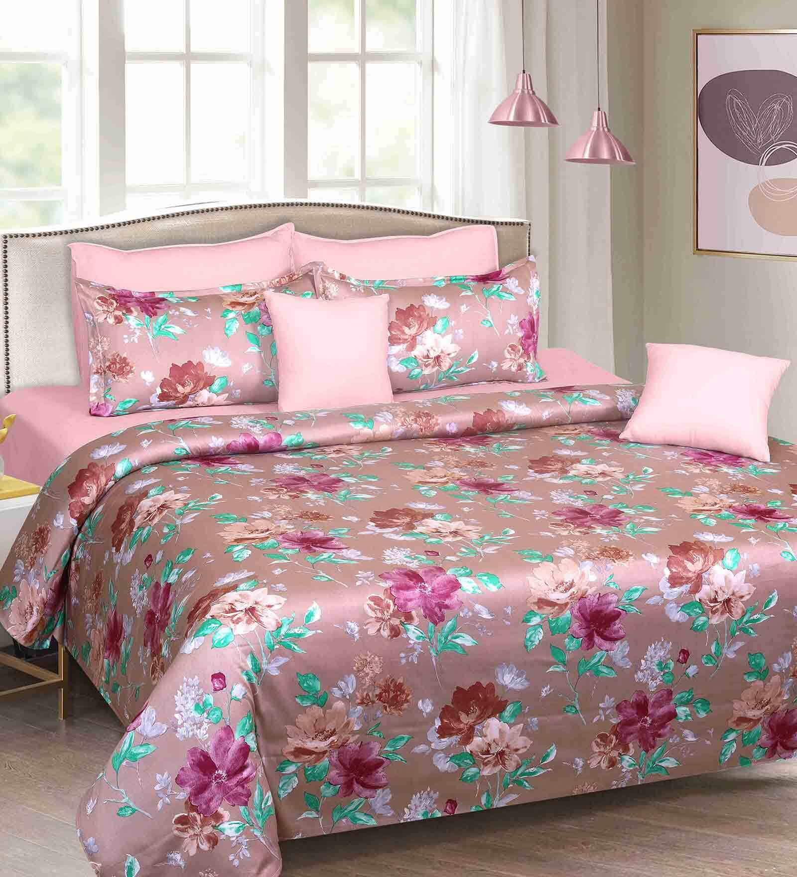 Cotton 250 TC Floral Super King Size Bedsheet in Pink with 2 Pillow Covers