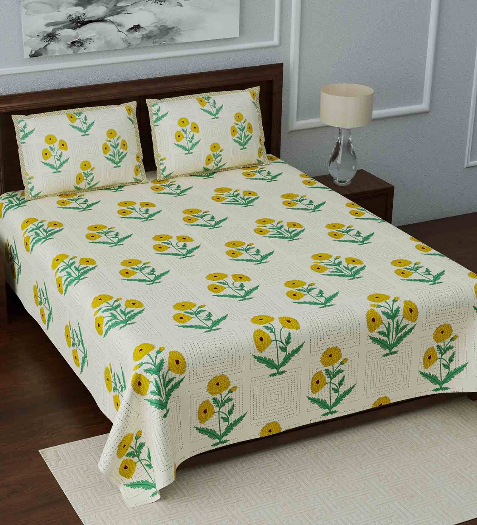 Yellow Floral 280 TC Cotton 1 Double Bedsheet with 2 Pillow Covers