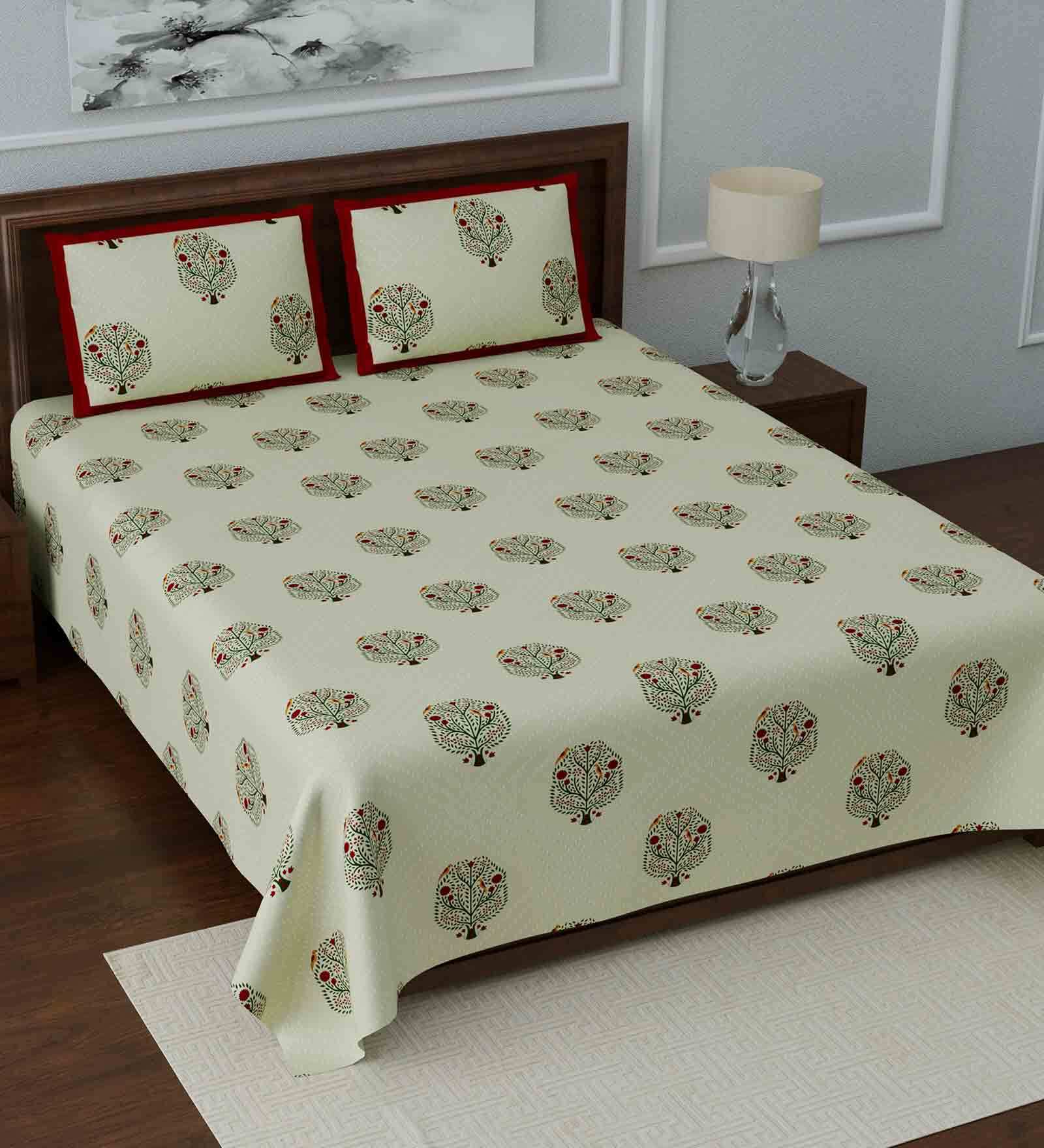 Green Floral 280 TC Cotton 1 Double Bedsheet with 2 Pillow Covers