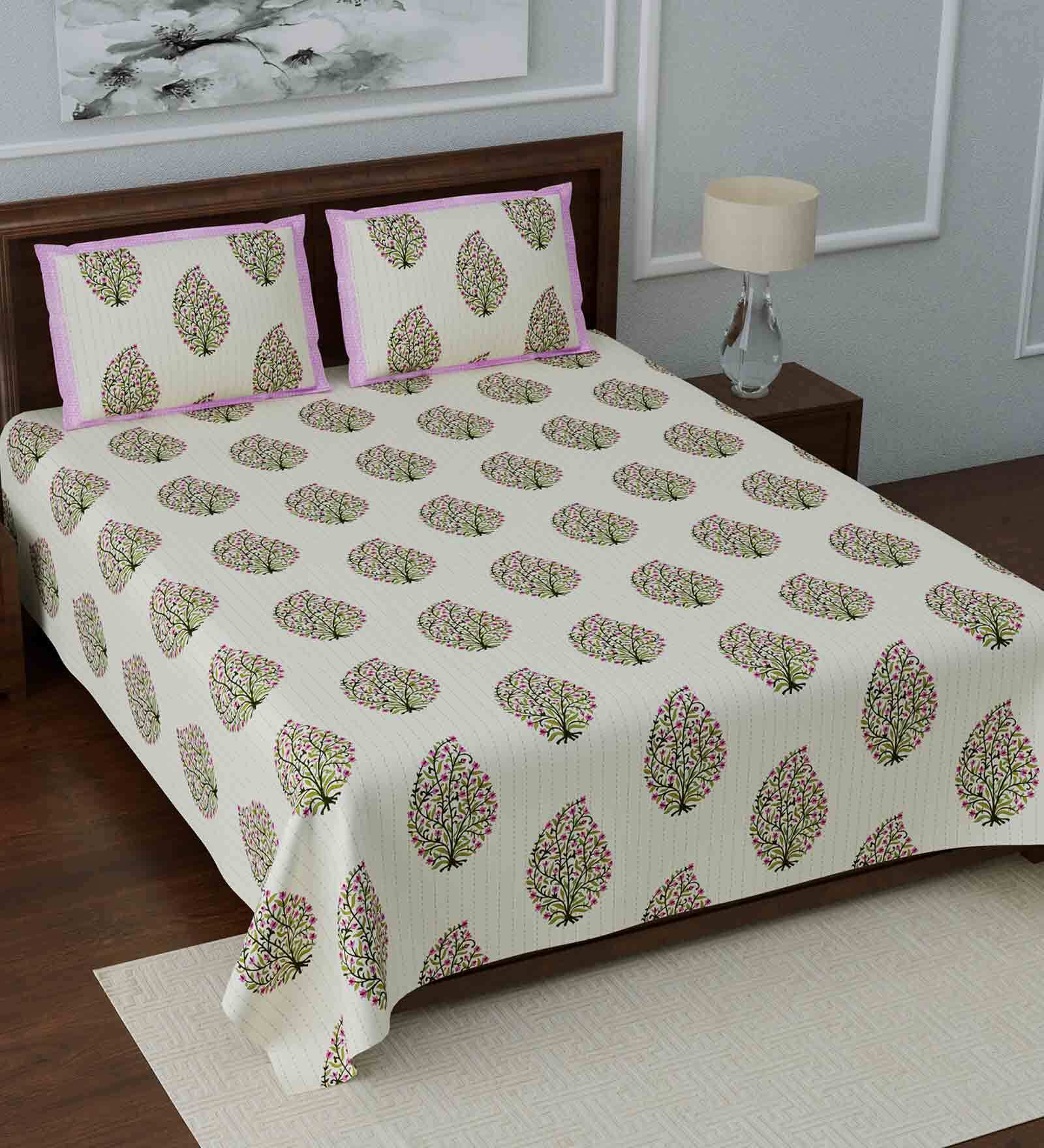 Off White Floral 280 TC Cotton 1 Double Bedsheet with 2 Pillow Covers
