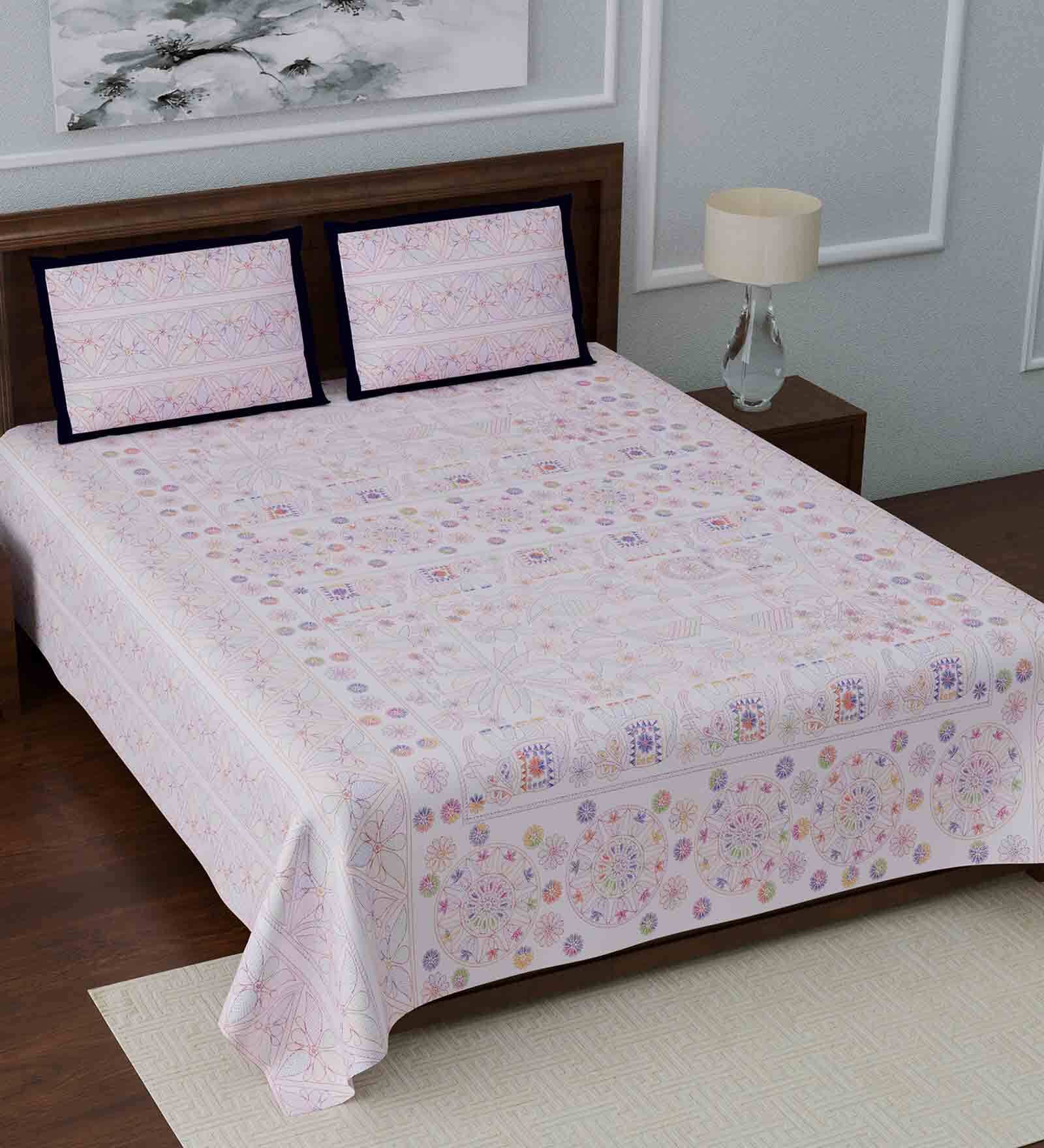 Pink Traditional 280 TC Cotton 1 Double Bedsheet with 2 Pillow Covers