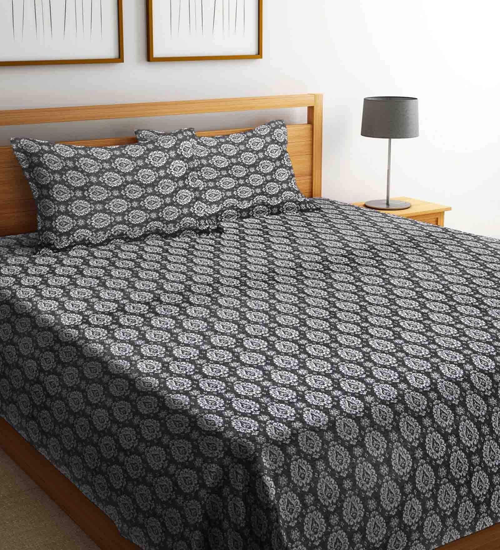 Grey Traditional 300 TC Cotton Double Bed Cover with 2 Pillow Covers