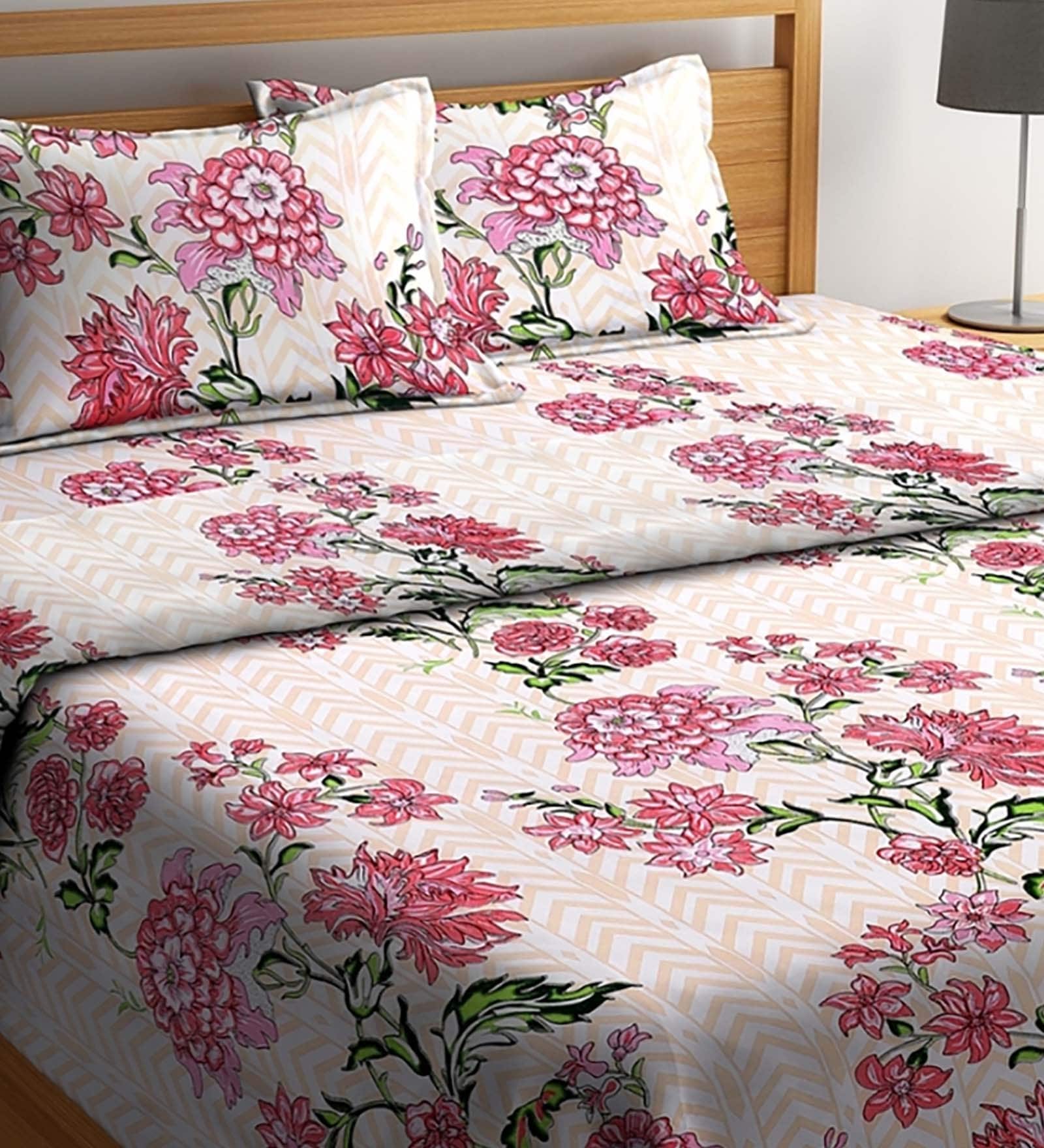 Buy Pink Floral 210 TC Cotton Blend (Set of 4) Double Bed Bedding Sets