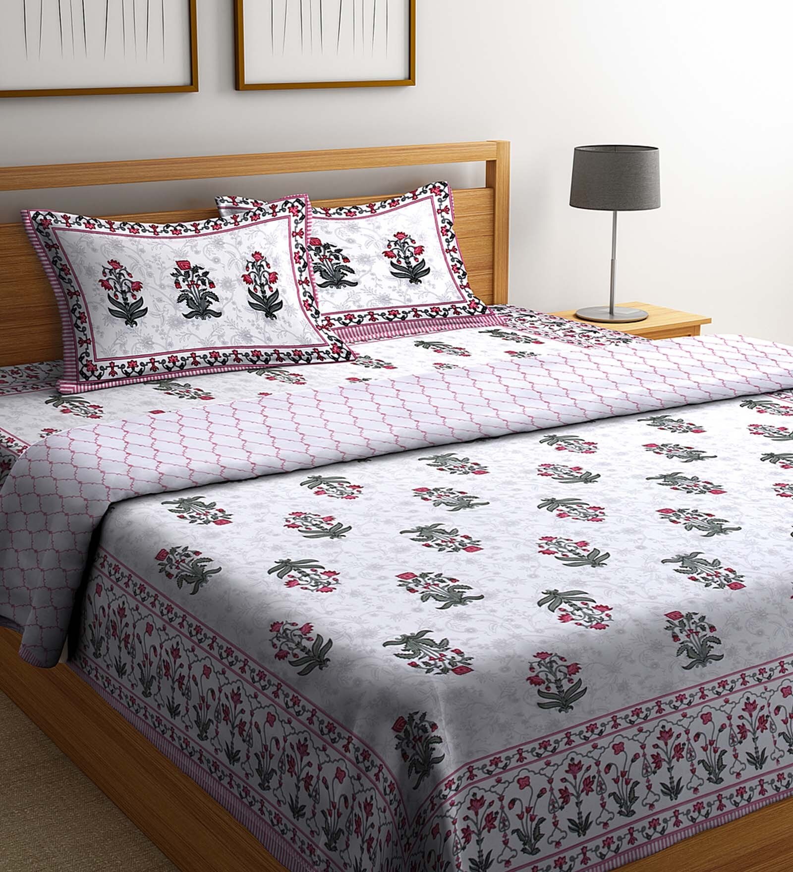 White Floral Cotton 4 Pieces Double Bedding Set