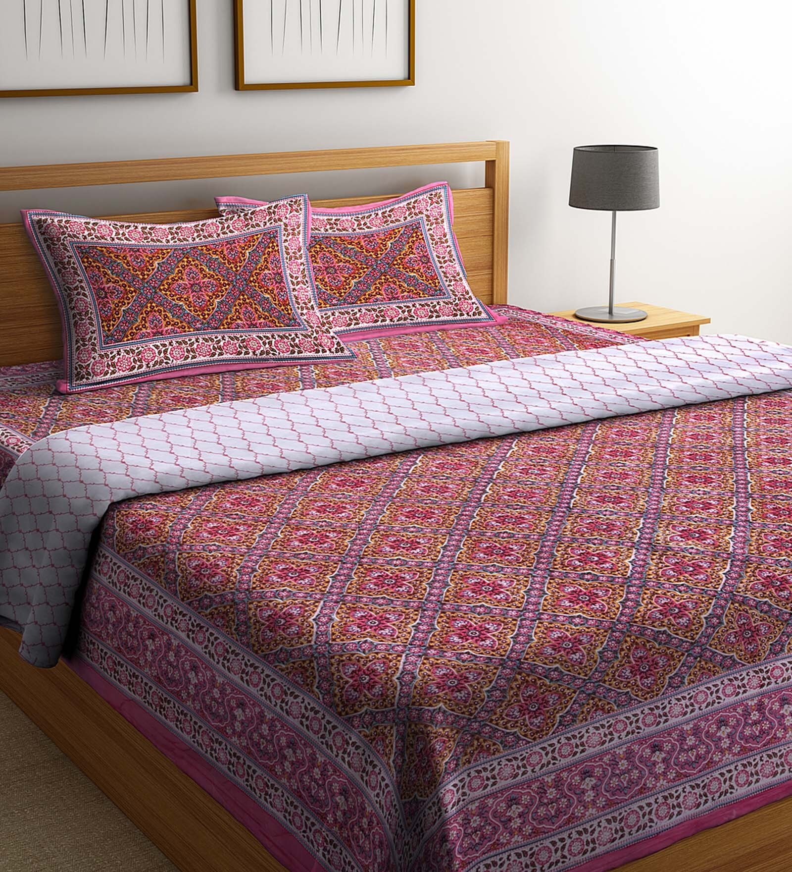 Pink Traditional Cotton 4 Pieces Double Bedding Set