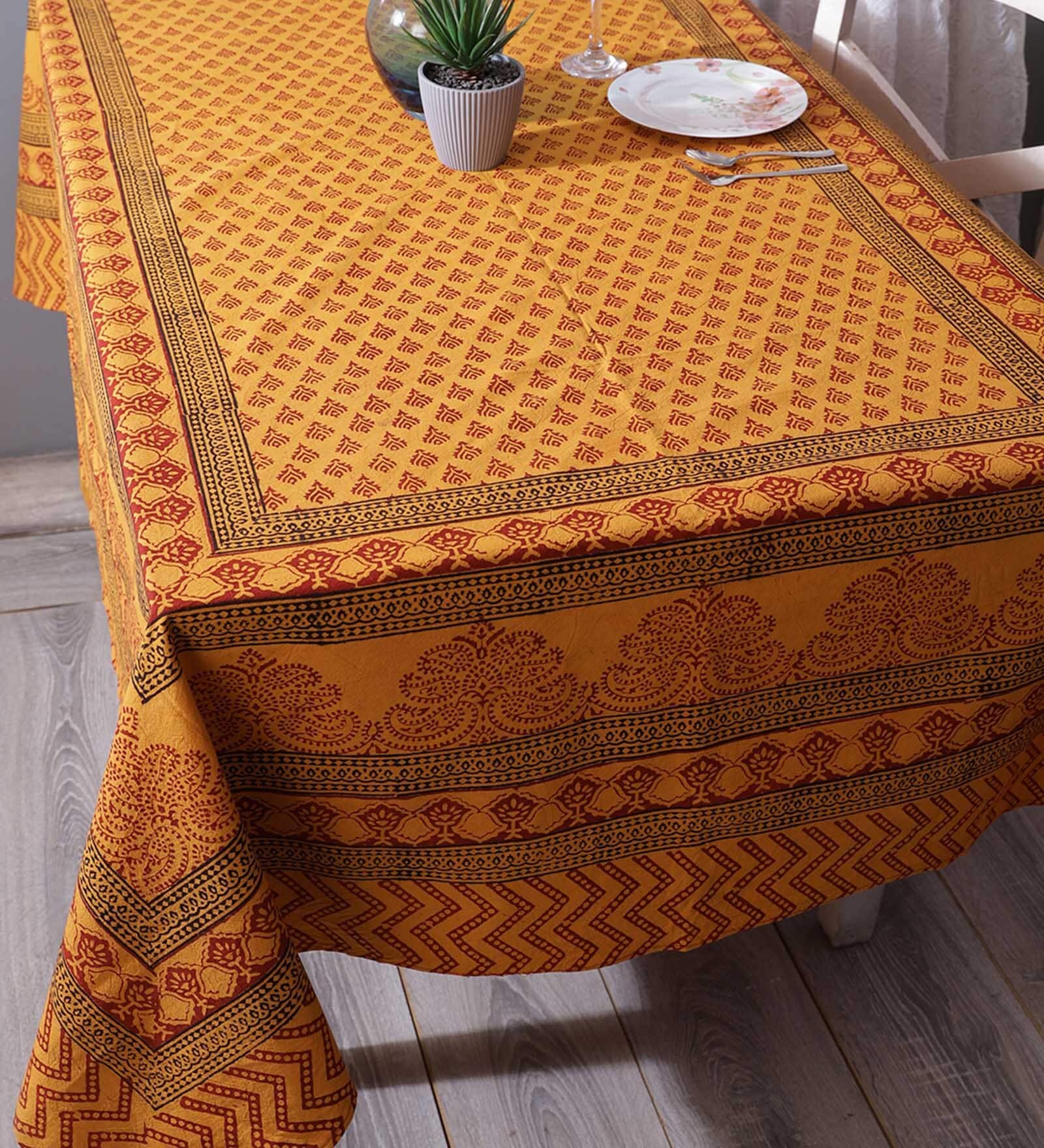 Cotton 60 X 90 Inch 6 Seater Table Cloth in Brown Color