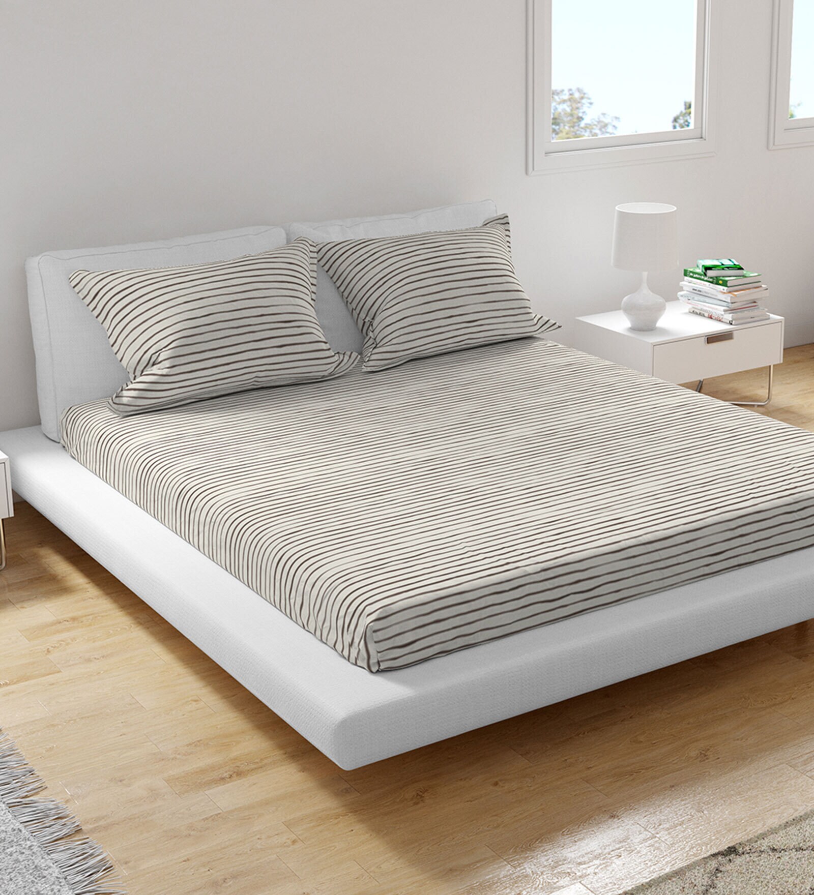 Grey Striped 300 TC Cotton Blend King Sized Bed Sheets with 2 Pillow Covers