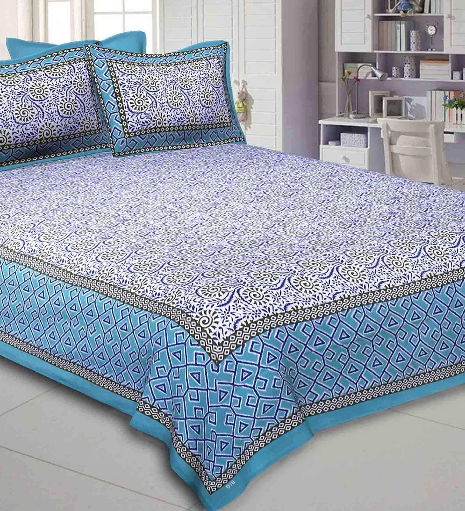 Blue Traditional 240 TC Cotton 1 Double Queen Size Bedsheet with 2 Pillow Cover