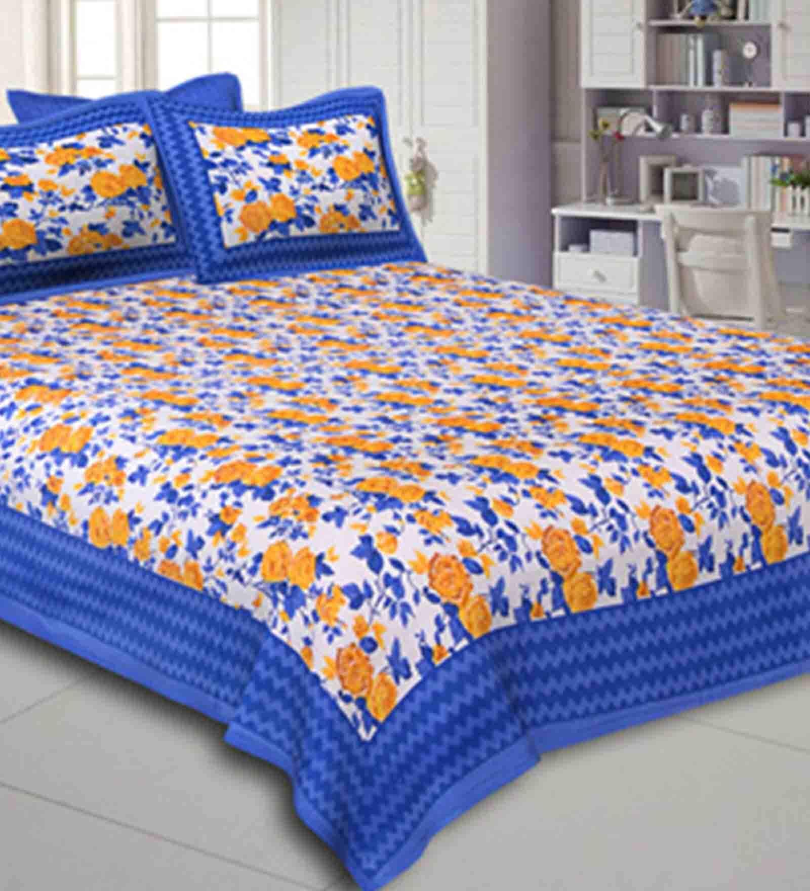 Buy Blue Floral 240 TC Cotton 1 Double Bedsheet with 2 Pillow Covers by
