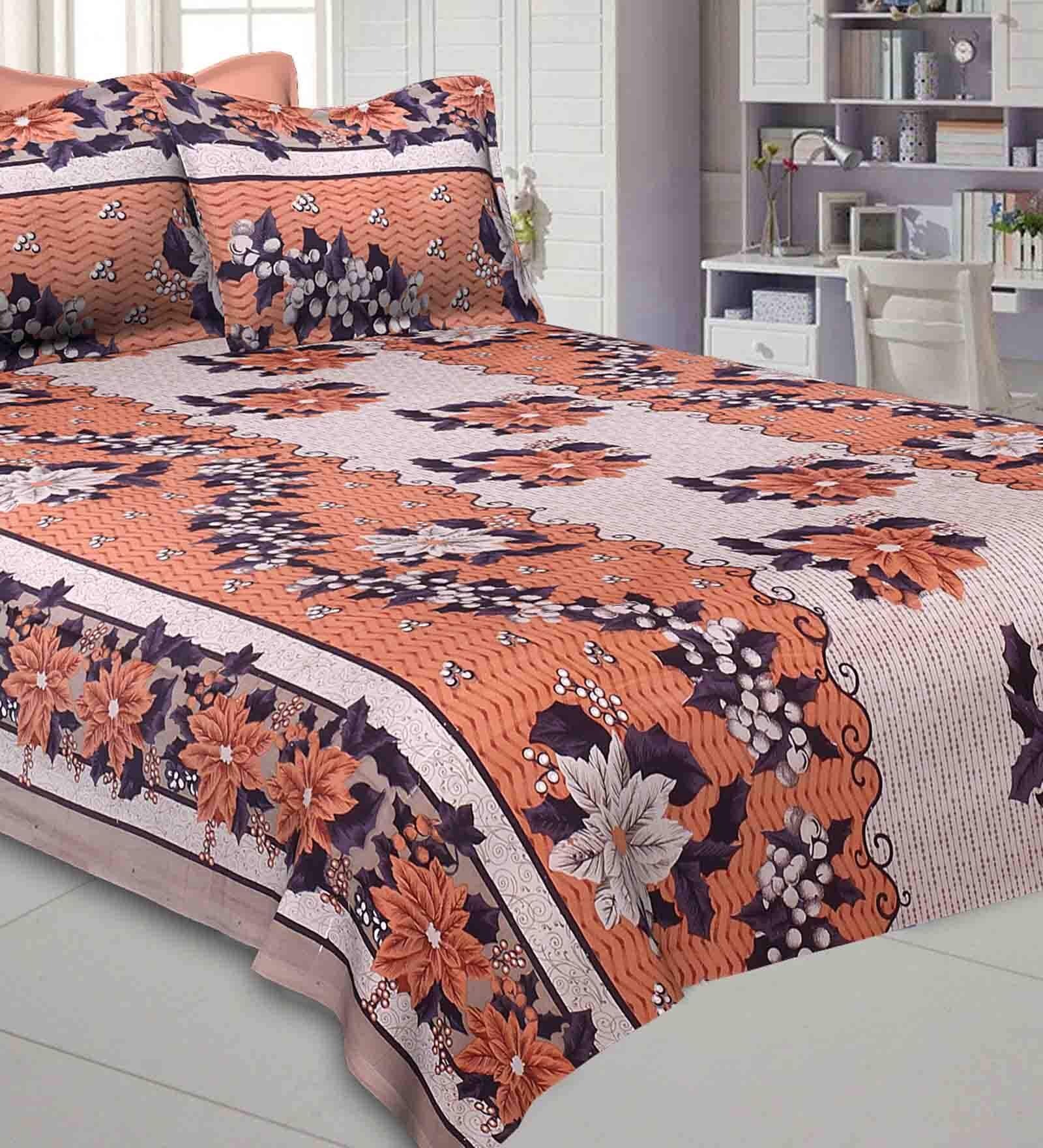Brown Floral 240 TC Cotton 1 Double Bedsheet with 2 Pillow Covers