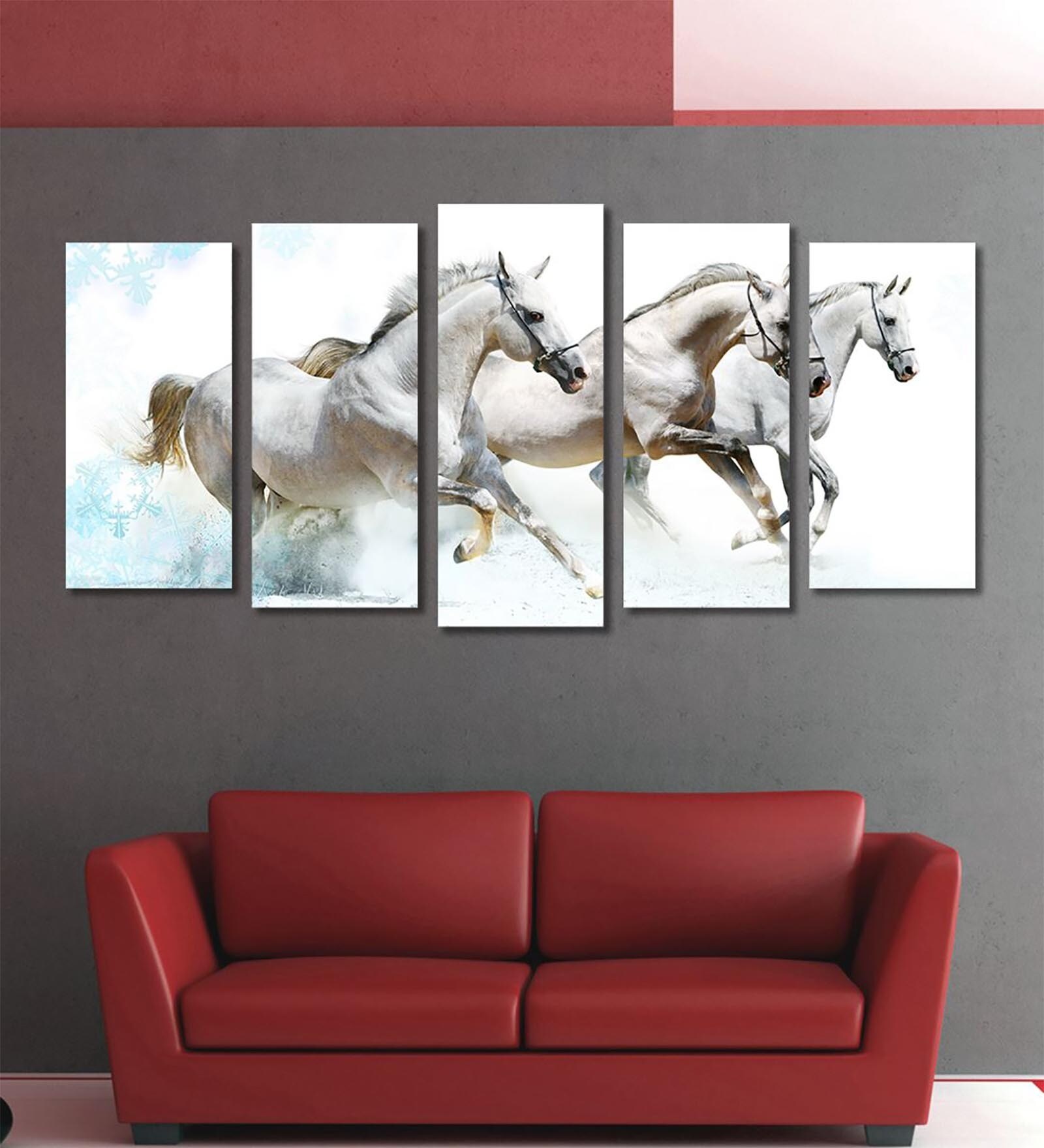 Buy Cotton Canvas Running White Horses Framed Art Panels by 999Store