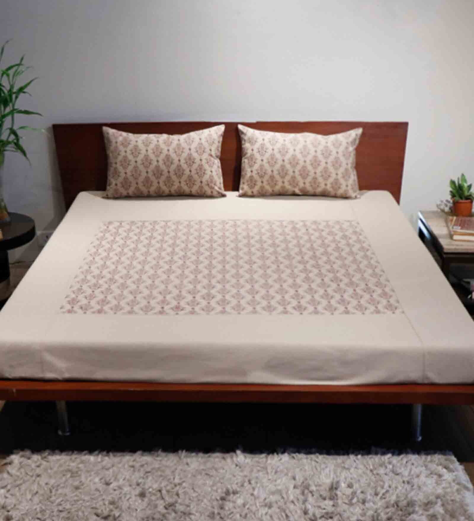 Buy Off White Traditional 300 TC Cotton Double Bed Cover with 2 Pillow