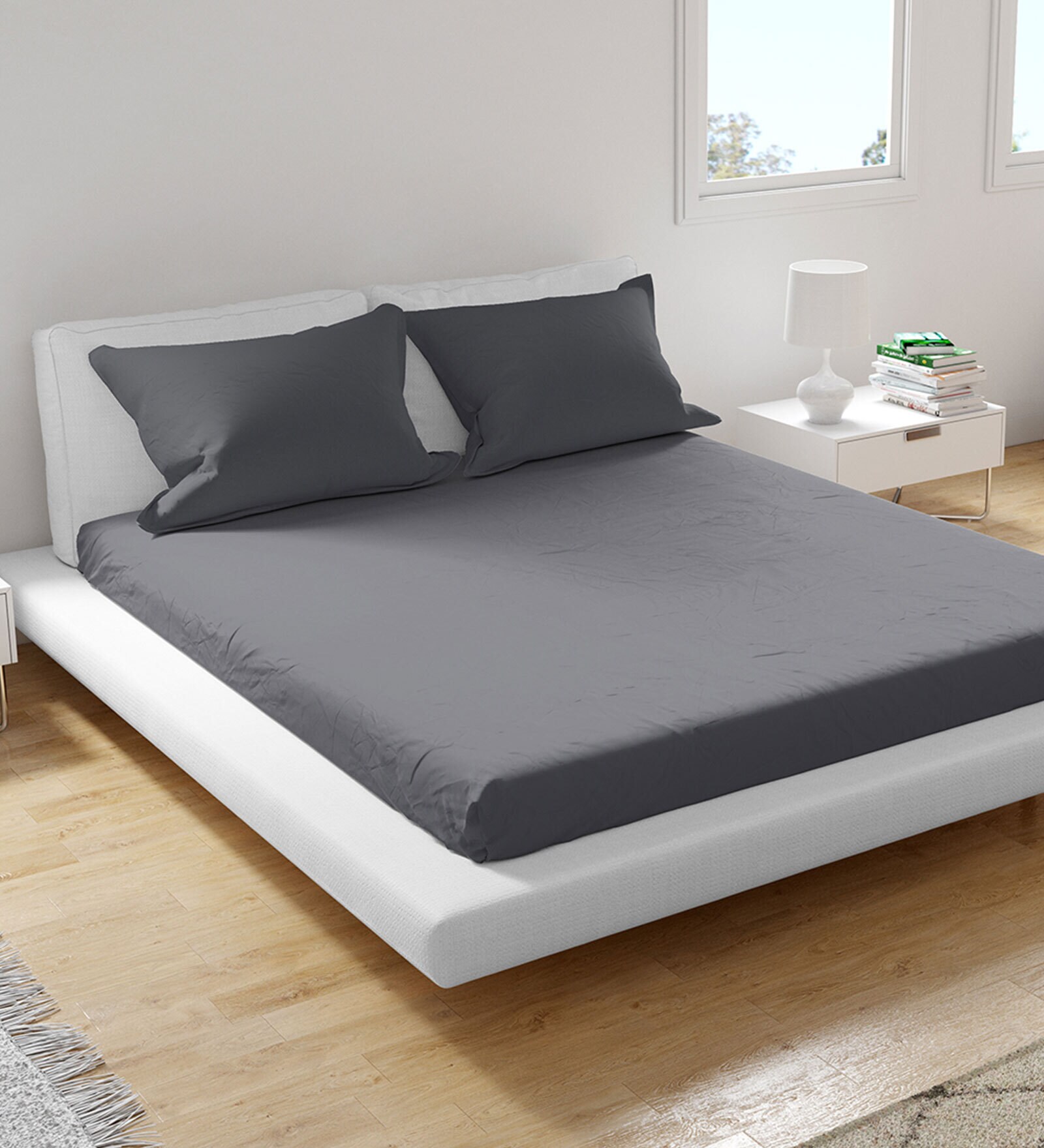 Grey Solid 200 TC Cotton Blend King Sized Bed Sheets with 2 Pillow Covers