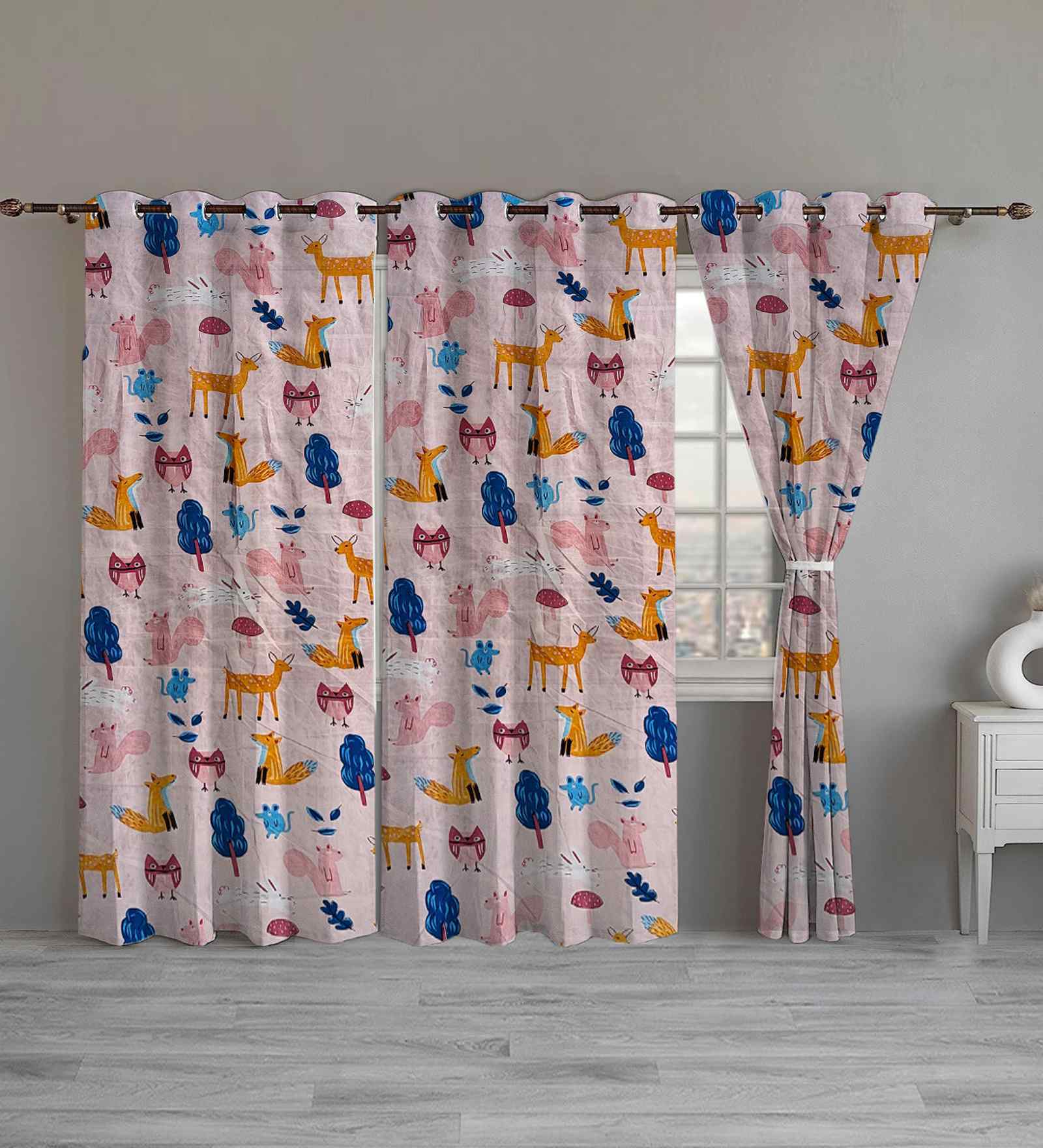 Multicolor Cotton Animal Printed 7ft Door Curtains (3 Pcs)