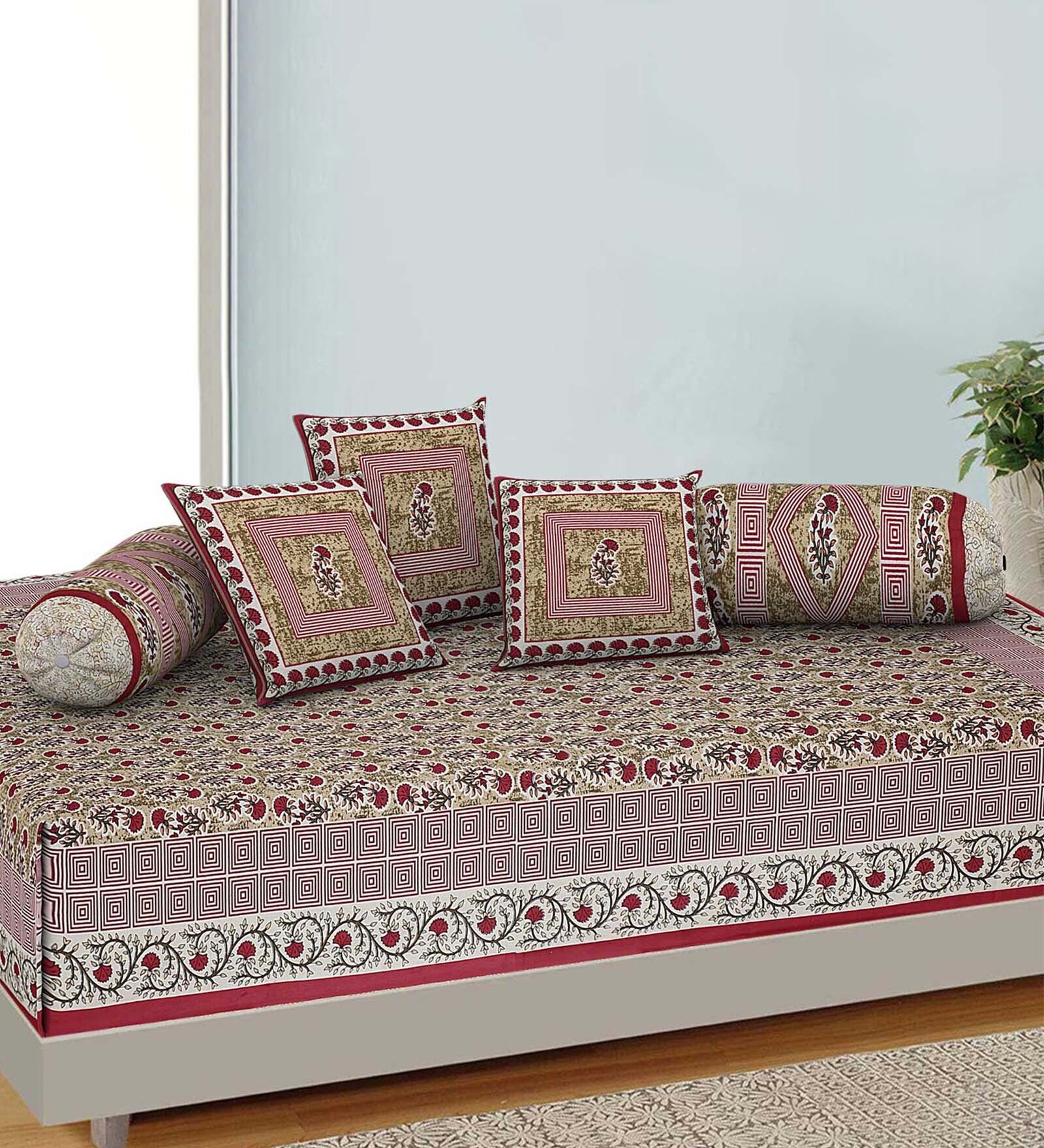 Cotton Dewan Cover with 3 Cushions Covers and 2 Bolster Covers in Purple