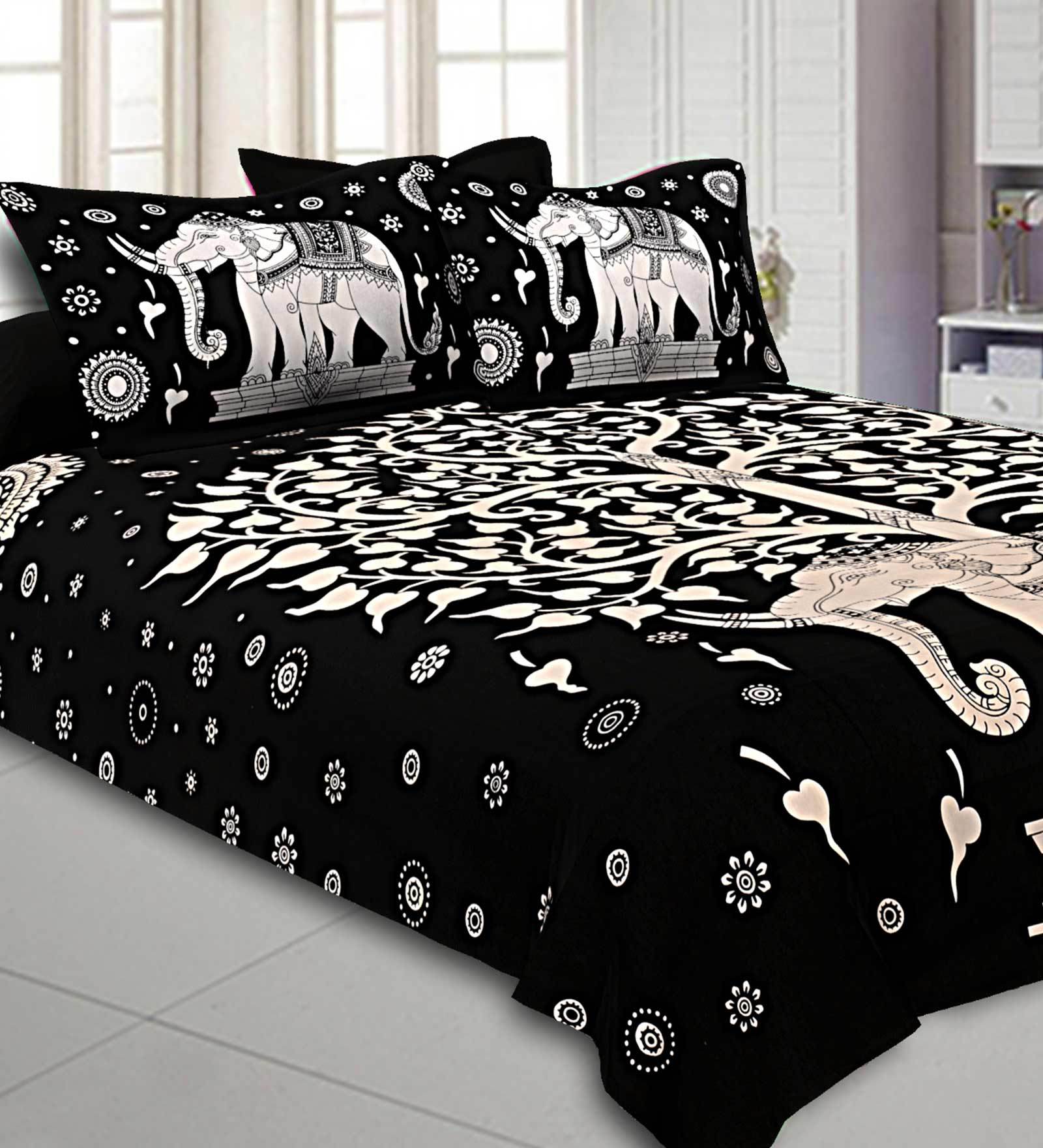 Black Traditional 300 TC Cotton 1 Double Bedsheet with 2 Pillow Covers