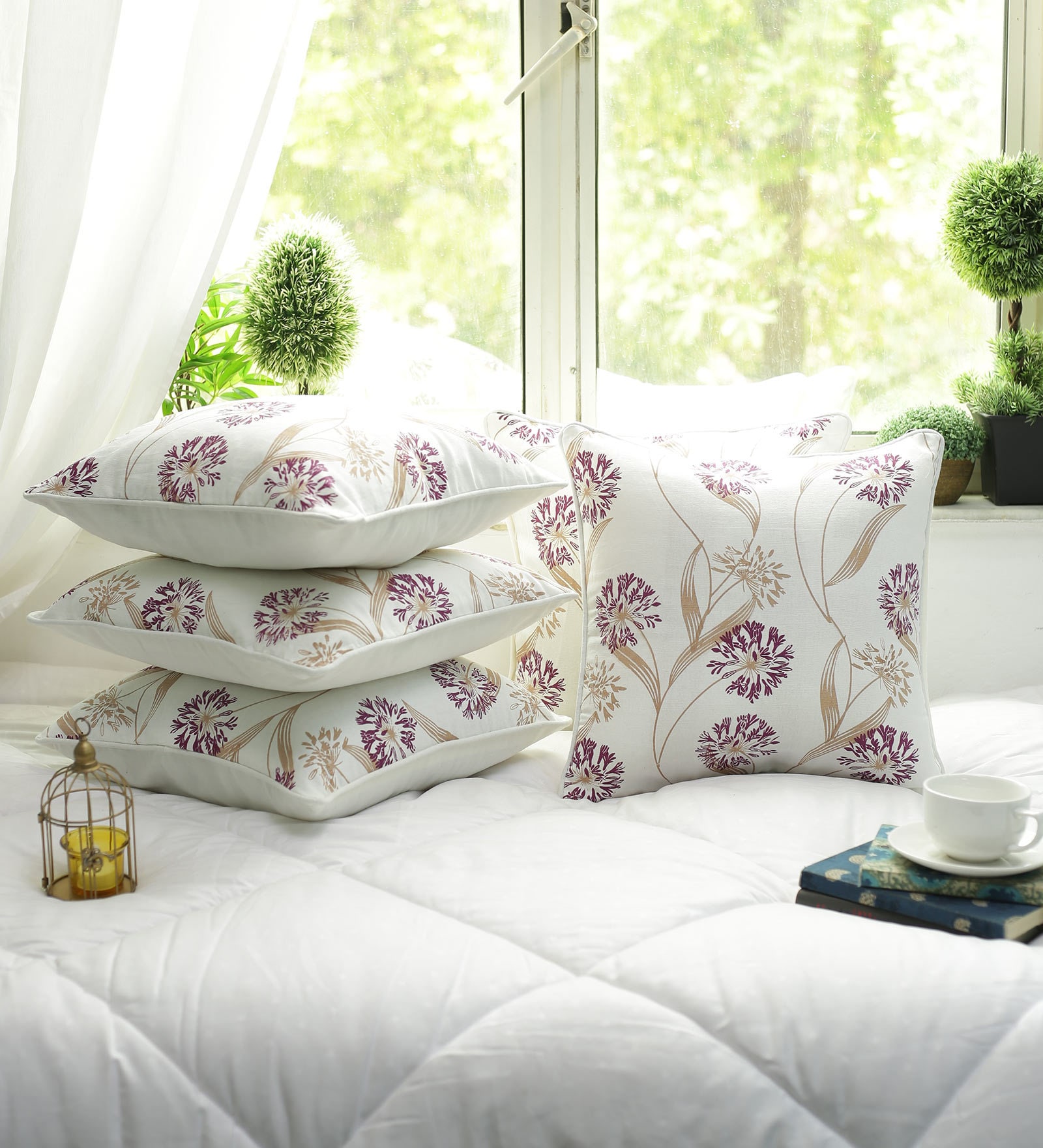 Purple Floral Cotton 16 x 16 Inches Cushion Covers (Set of 5)
