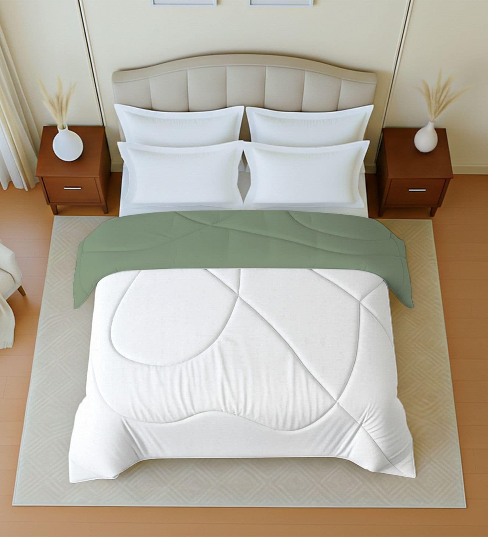 Green And White Cotton Reversible Double Bed Ac 150Gsm Comforter