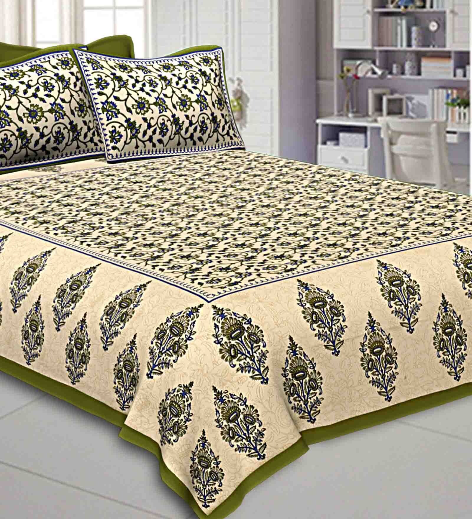 Green Floral 240 TC Cotton 1 Double Bedsheet with 2 Pillow Covers