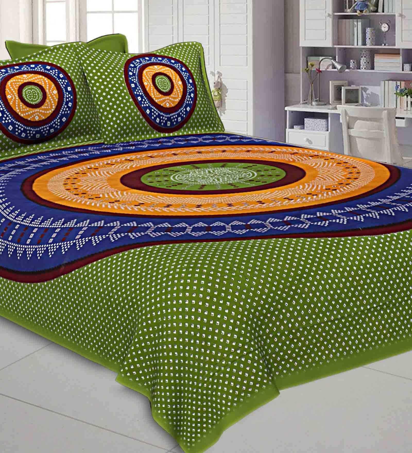 Green Traditional 240 TC Cotton 1 Double Bedsheet with 2 Pillow Covers