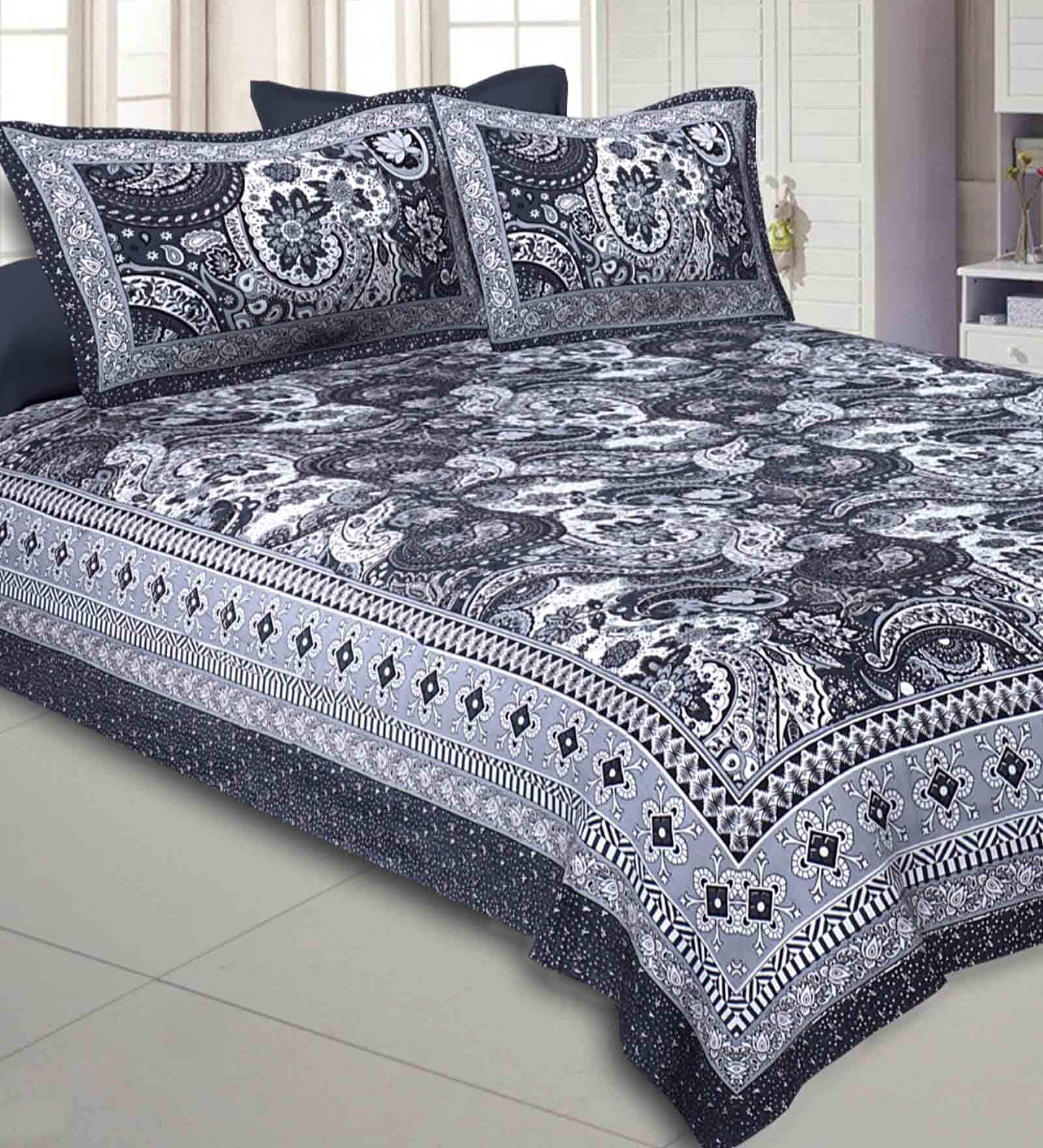 Grey Traditional 240 TC Cotton 1 Double Queen Size Bedsheet with 2 Pillow Cover