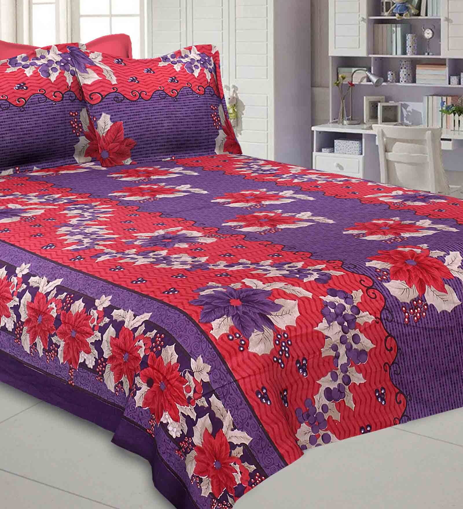 Buy Red Floral 240 TC Cotton 1 Double Bedsheet with 2 Pillow Covers by