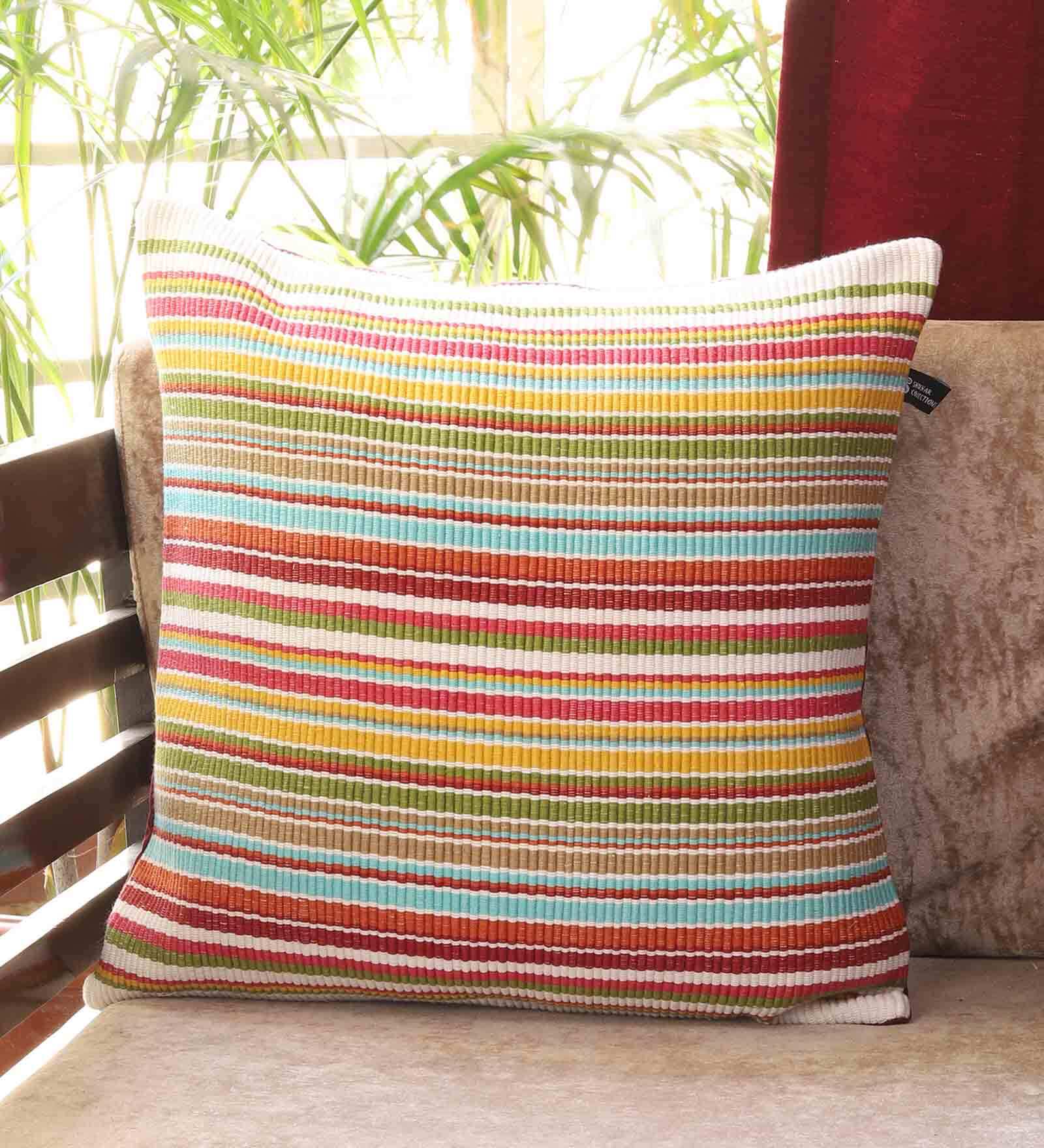 Multicolor Striped Cotton 16 x 16 Inches Cushion Cover