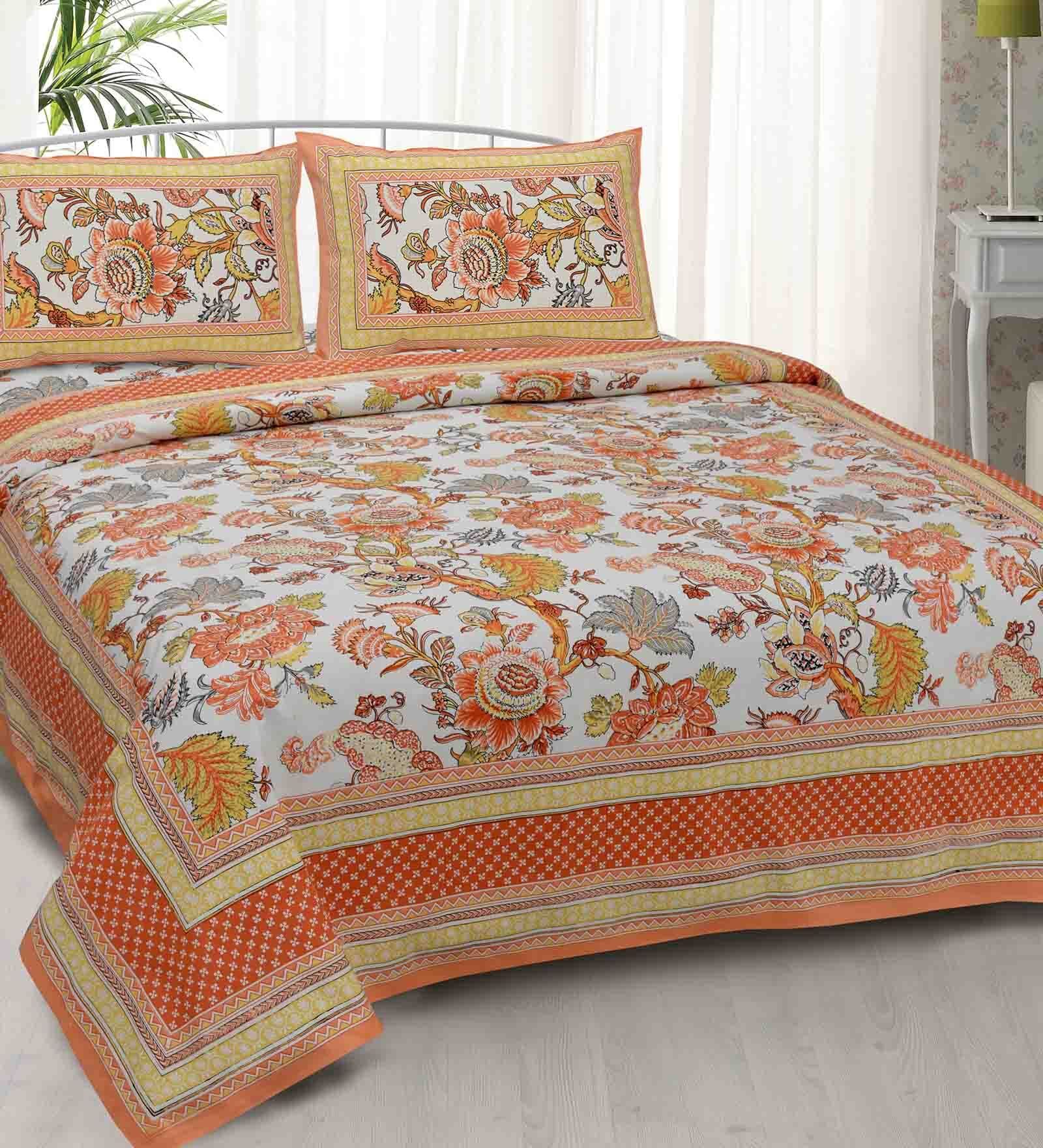 Orange Floral 240 TC Cotton 1 Double Bedsheet with 2 Pillow Covers