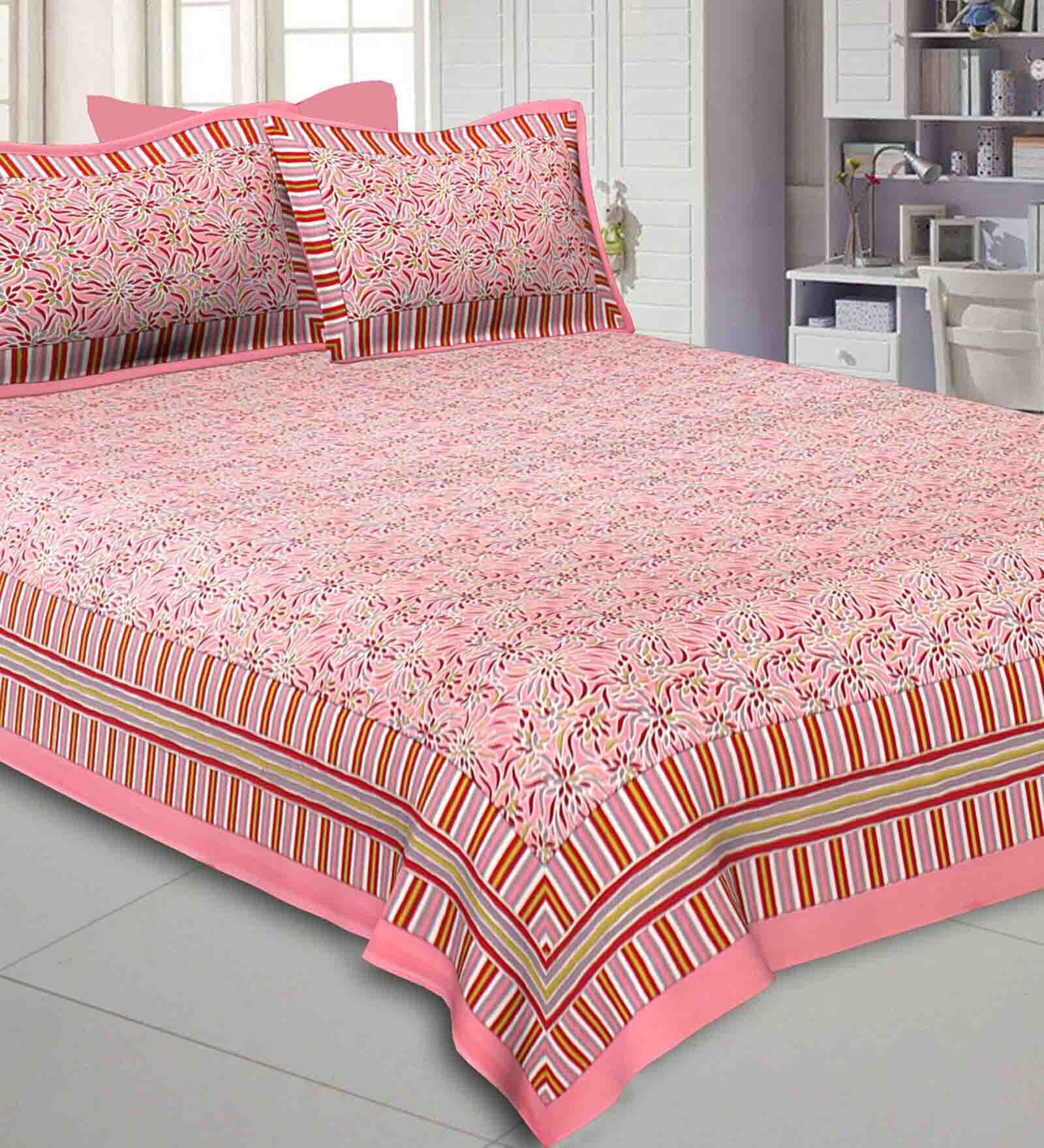 Buy Pink Traditional 240 Tc Cotton 1 Double Queen Size Bedsheet With 2