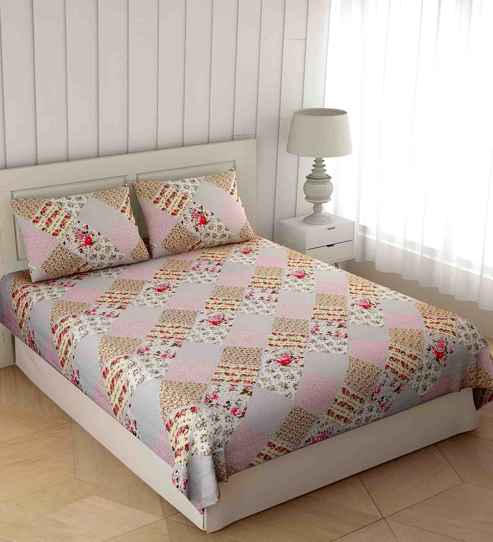 Buy Pink Traditional 240 Tc Cotton 1 Double King Size Bedsheet With 2