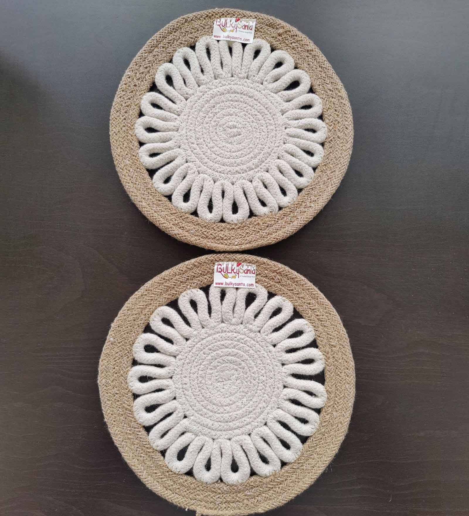 Beige & Off White Cotton Round Shaped Dia 9 (Set of 2) Placemat
