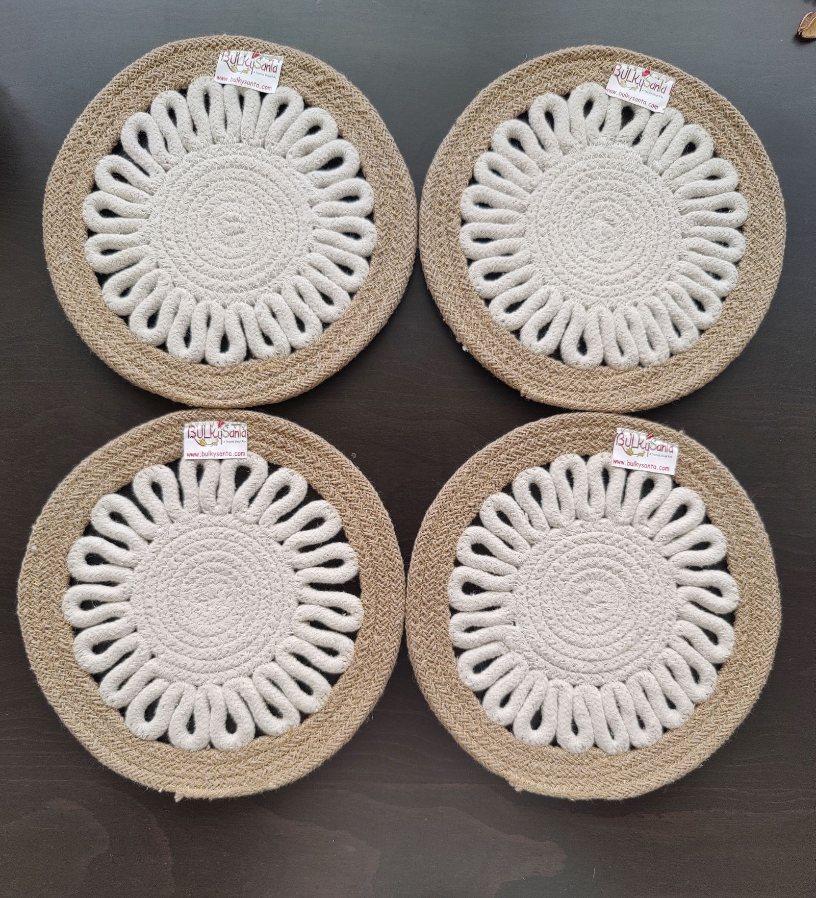 Beige & Off White Cotton Round Shaped Dia 9 (Set of 4) Placemat