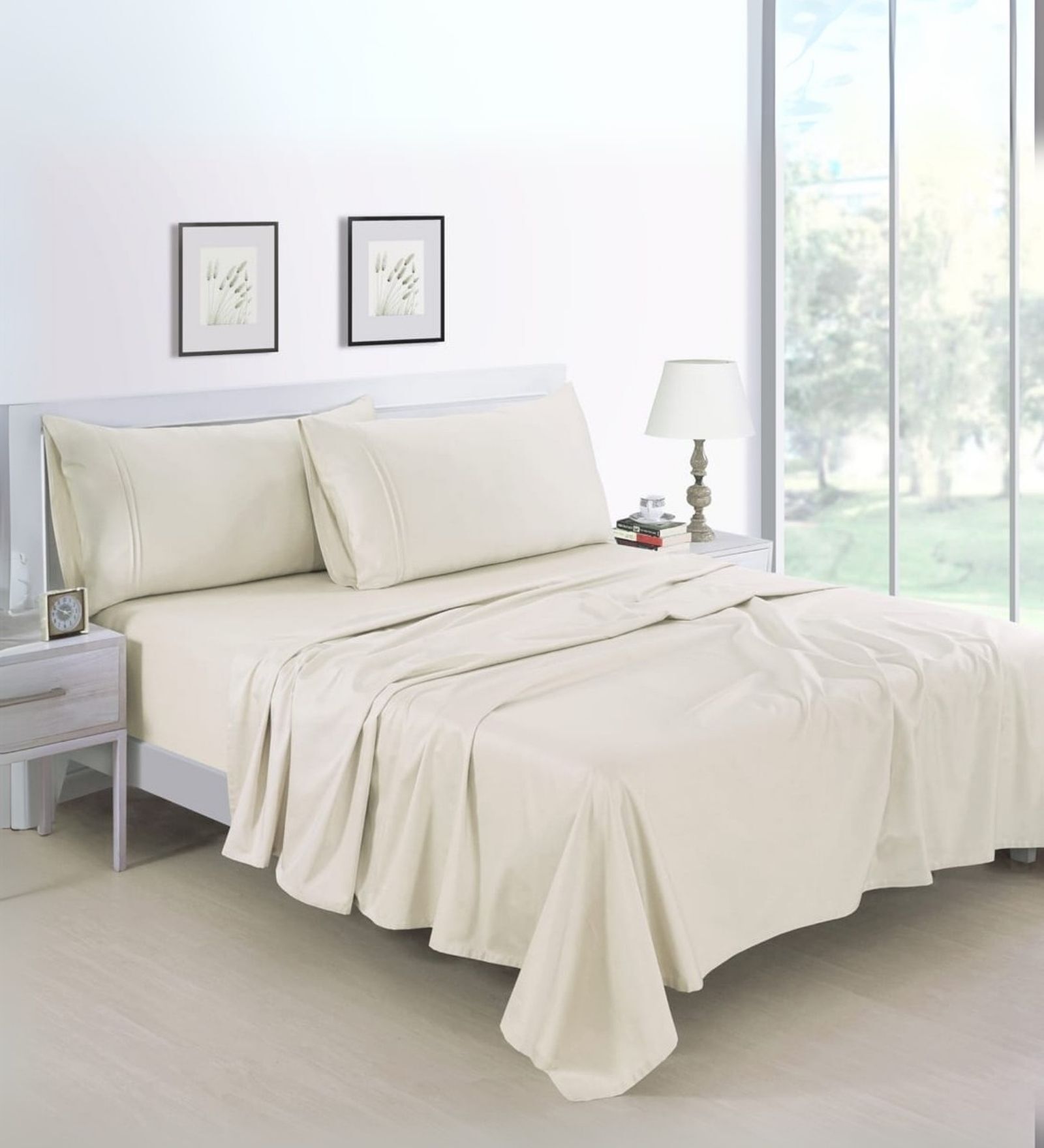 Cotton Satin Fitted Bedsheet, 60 x 78 inches, 400 Thread Count, Cream, Set of 1 Bedsheet with 2 Pillow Covers